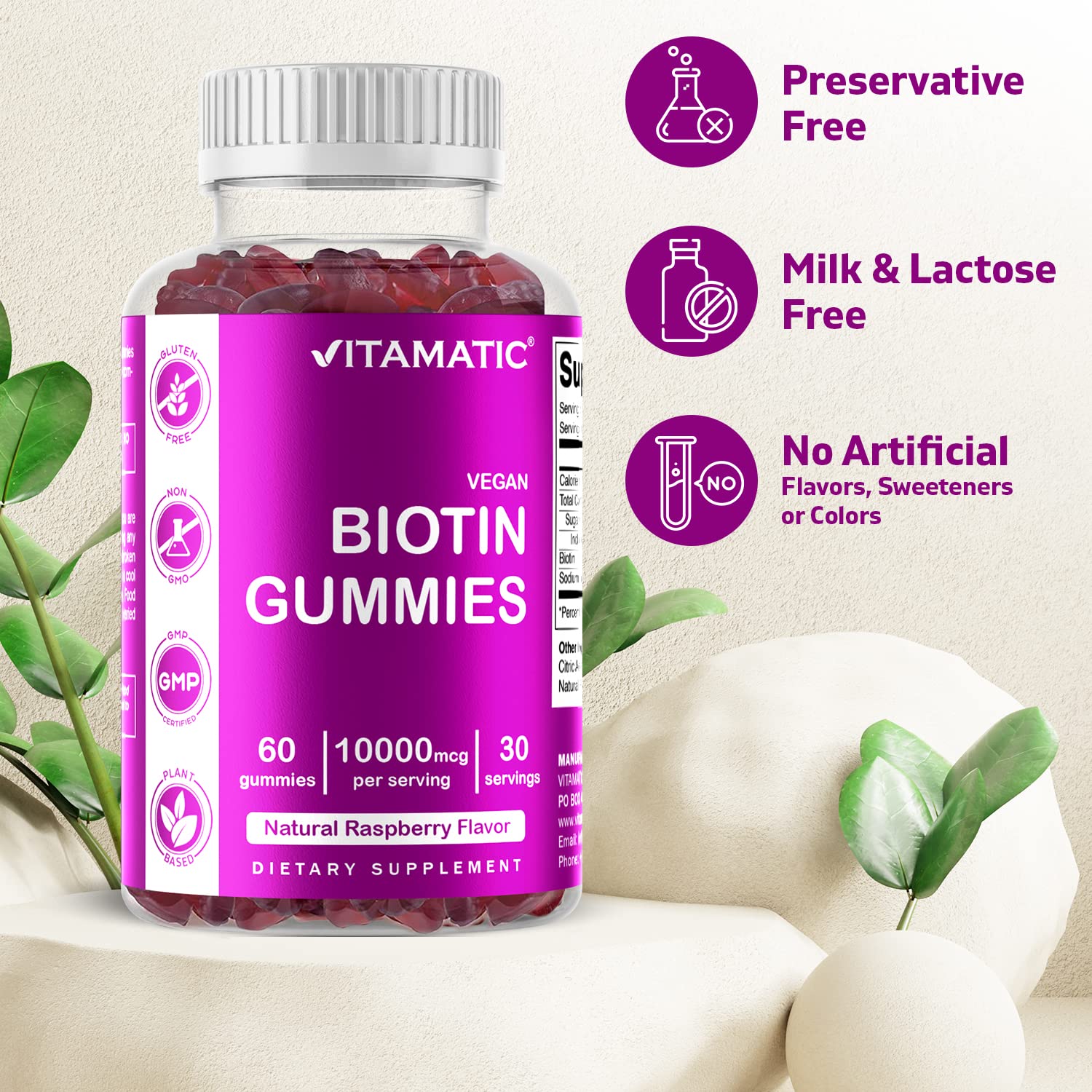 Vitamatic Biotin Gummies 10,000 mcg for Stronger Hair, Skin & Nails - 60 Vegan Gummies - Also Called Vitamin B7 (1 Bottle)