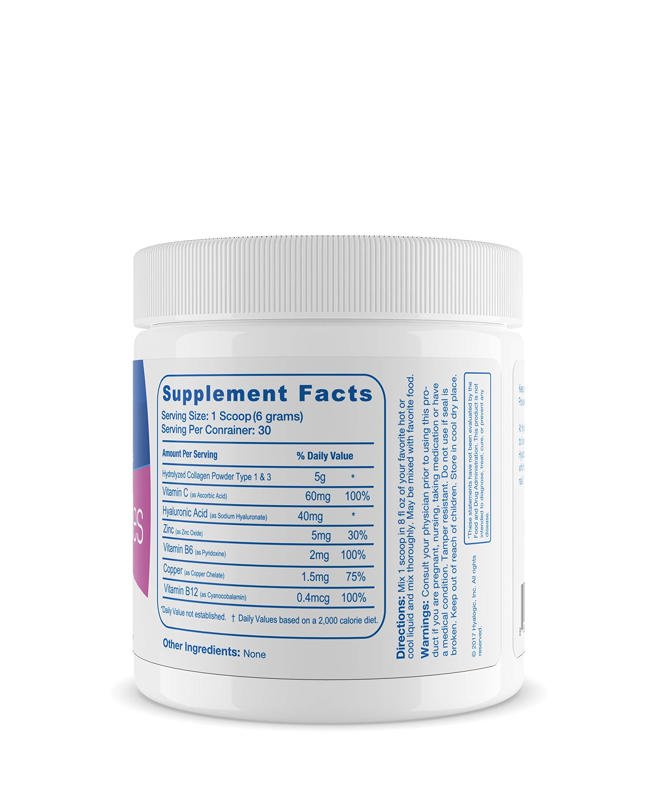 Hyalogic Collagen Peptides Powder w/Hyaluronic Acid, Hydrolyzed Types 1 & 3, Grass Fed, Keto Protein Powder Supplement for Hair Growth, Skin, Nails, Joints Unflavored Easy to Mix 6.4 oz (180 gr.)