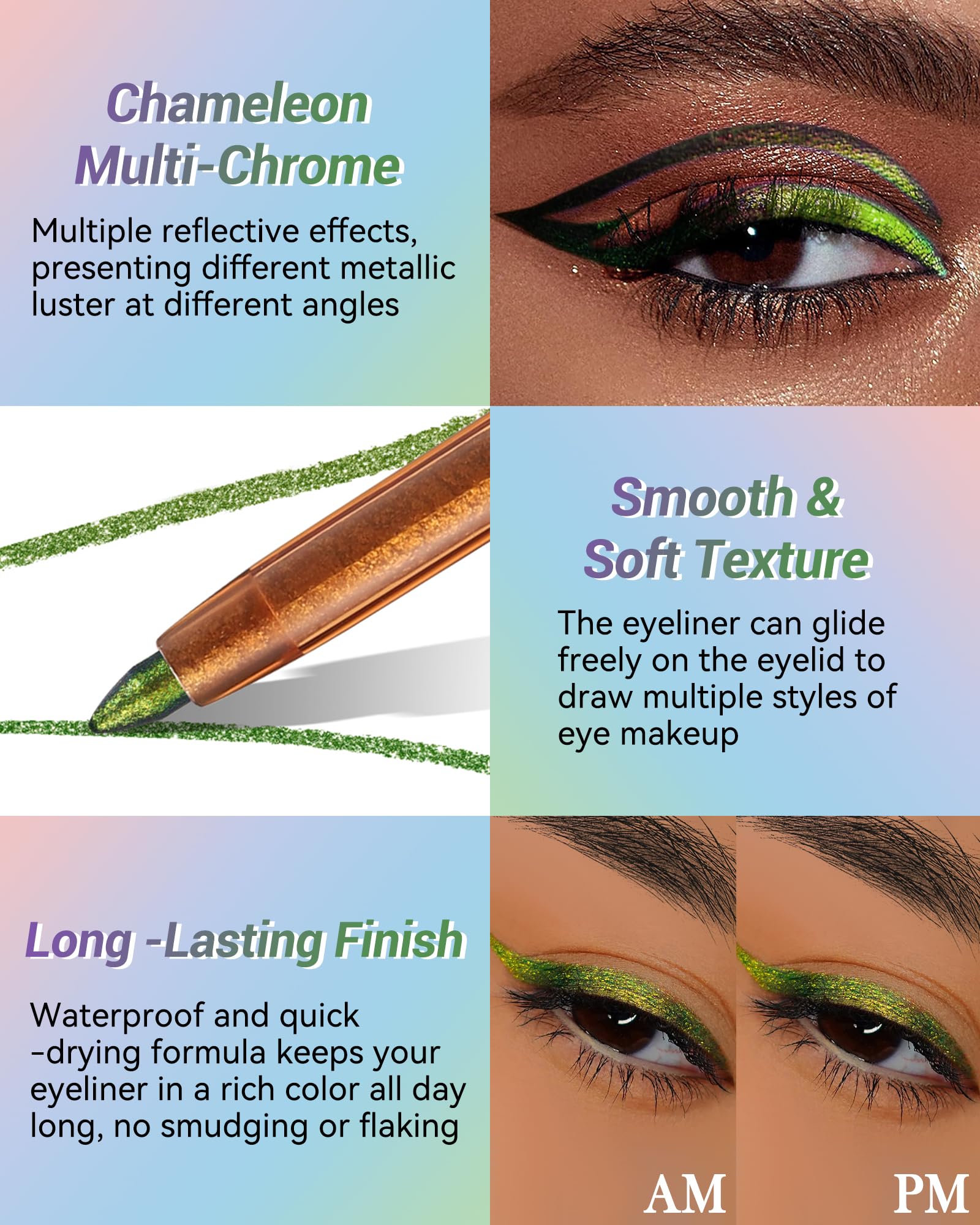 Metallic Multichrome Eyeliner Pencil, Pink Glitter Eyeliner Gel Eye Liner Pencils, Waterproof Smudge-proof Longwear, Multi-Use Sharpenable Colored Eyeliner Eyeshadow Makeup Pen, Delineador De Ojos-03