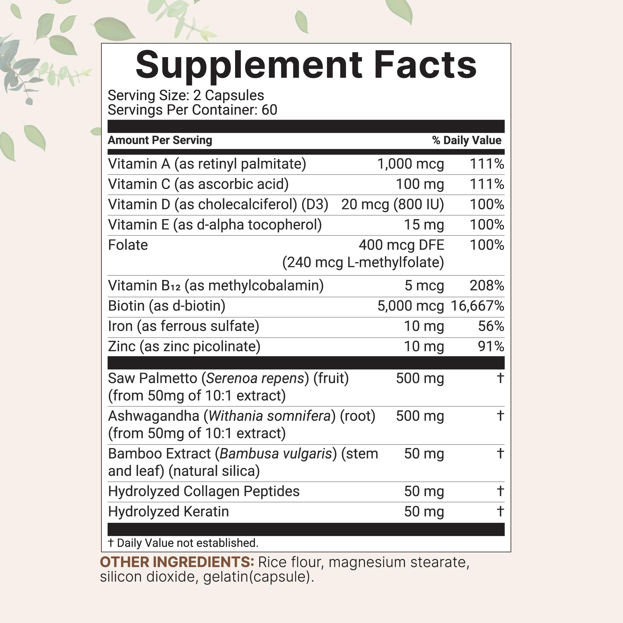 Hair Growth Vitamins Complex, 120 Capsules | 14-in-1 Formula with 5,000mcg Biotin, Collagen, Keratin, Vitamin C, Saw Palmetto & More | Vitaminas Para El Cabello | Promotes Natural Growth & Thickness