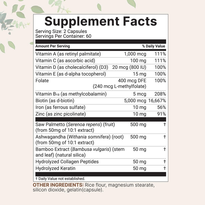 Hair Growth Vitamins Complex, 120 Capsules | 14-in-1 Formula with 5,000mcg Biotin, Collagen, Keratin, Vitamin C, Saw Palmetto & More | Vitaminas Para El Cabello | Promotes Natural Growth & Thickness