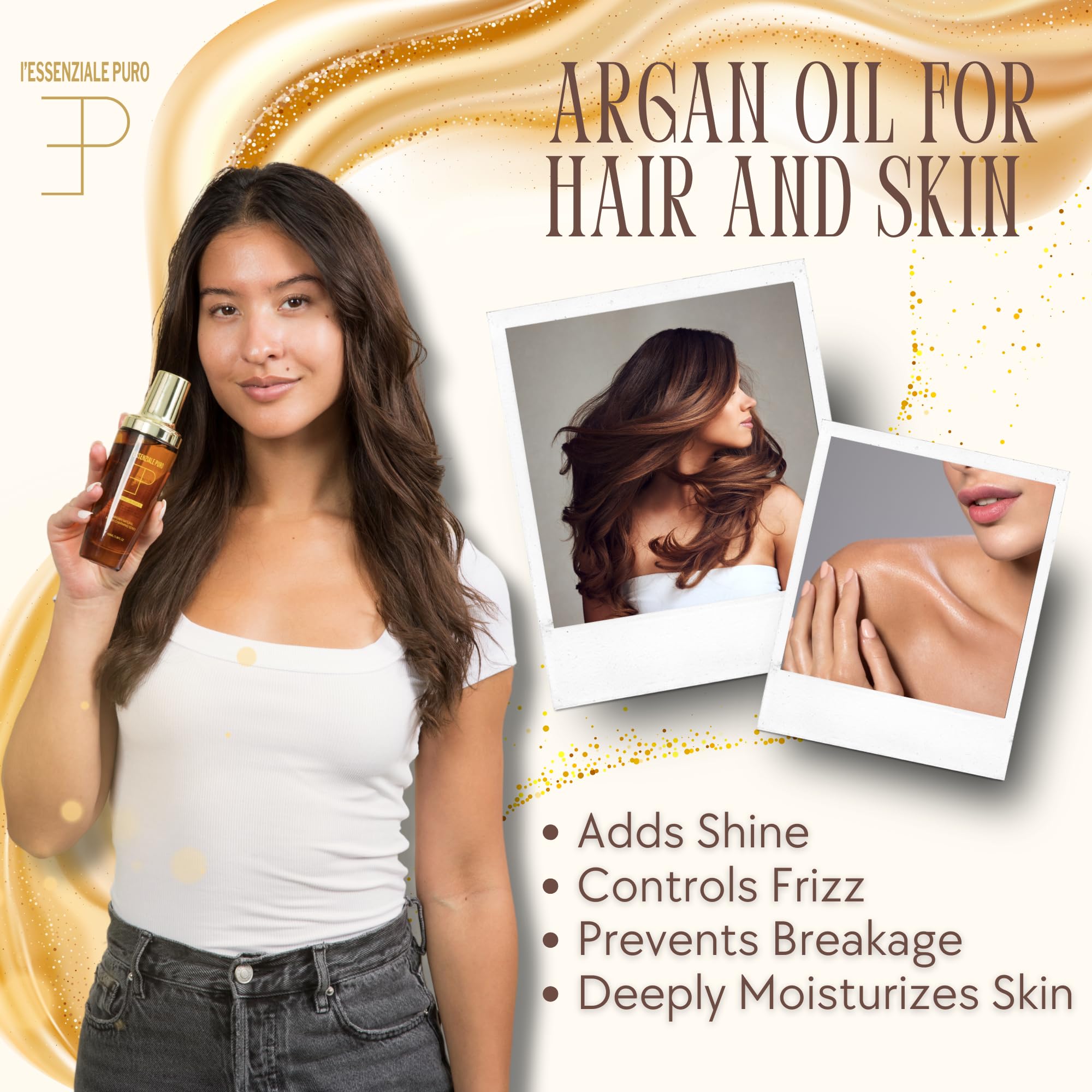 L'Essenziale Puro Premium Moroccan Argan Oil - Hydrating Moroccan Hair Oil & Body Oil For Women & Men - Adds Shine, Controls Frizz, & Moisturizes - Luxury Beauty Elixir From Dubai (100ml, 3.38 Fl Oz)