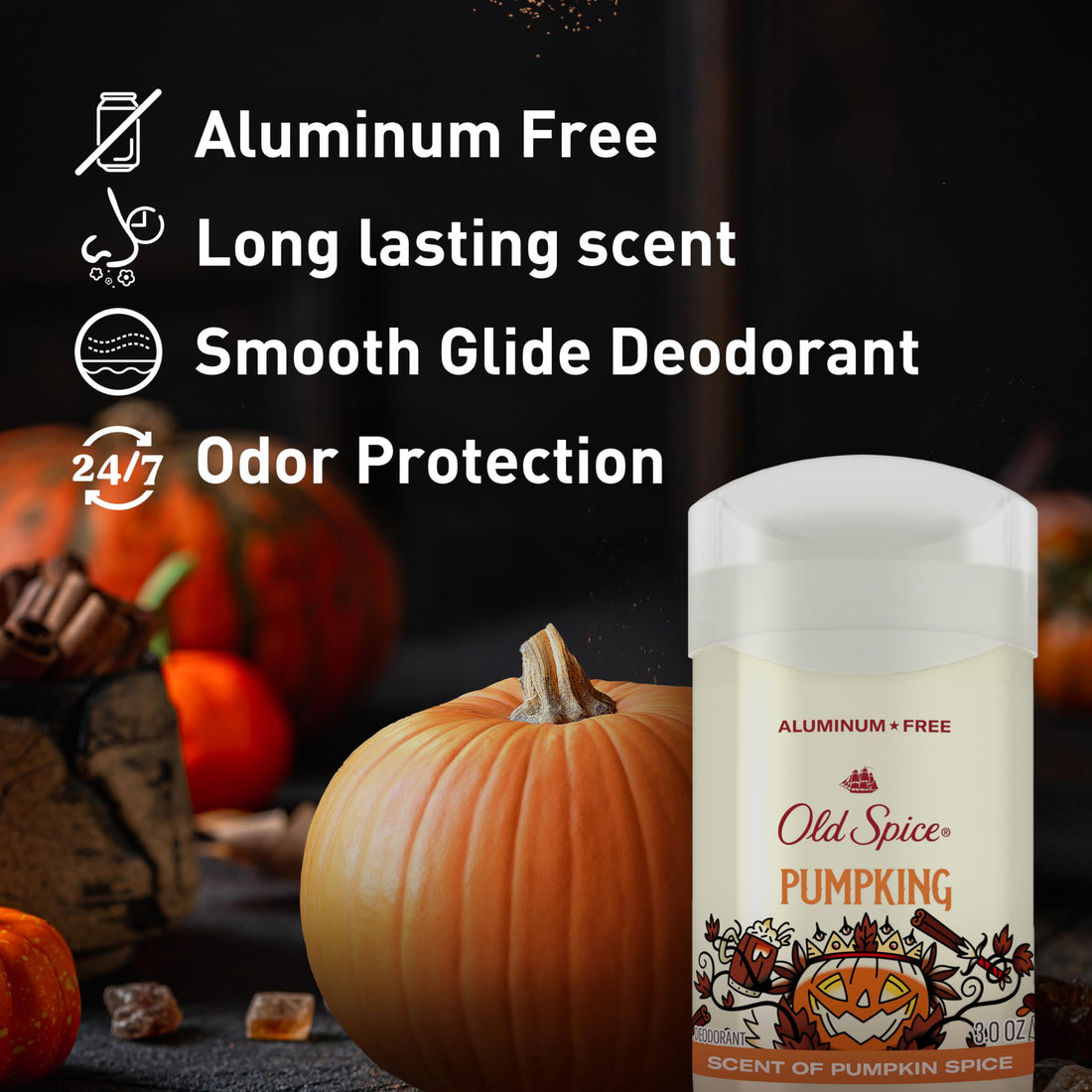 Old Spice Aluminum Free Deodorant for Men, Holidudes Limited Edition, 24/7 Holiday Freshness, Odor Protection, Stocking Stuffer, PumpKing Pumpkin Spice Scent, 3.0 oz