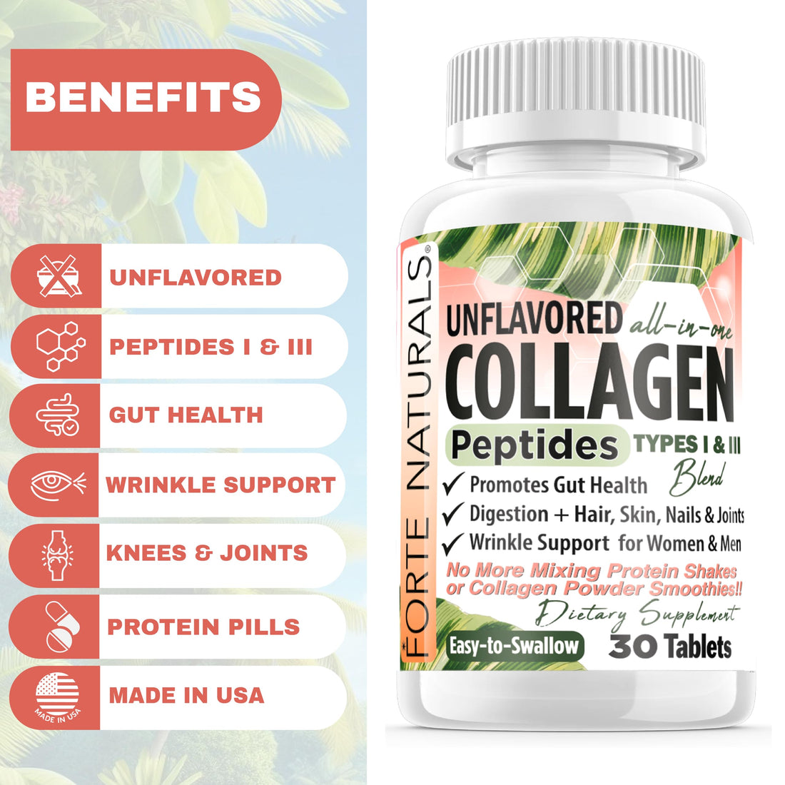 FORTE NATURALS Collagen Peptide Pills 100 Tablets Protein Supplements NO More Mixing Powder Shakes Easy to Swallow Collagen Peptides Powder Pills Protein Capsules Keto