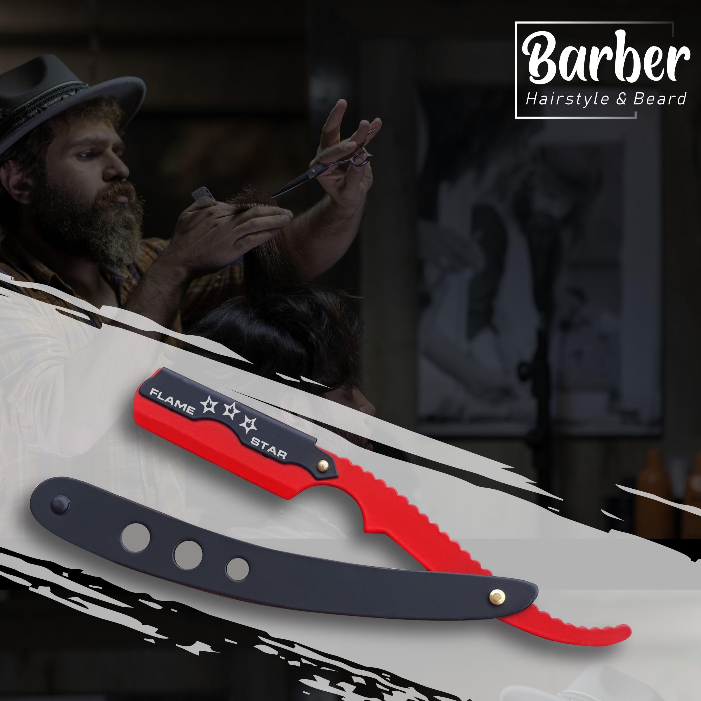 Black Red Barber Staright Edge Salon Hair Cut Razor 100% Stainless Steel with 10 Blades by FLAME STAR