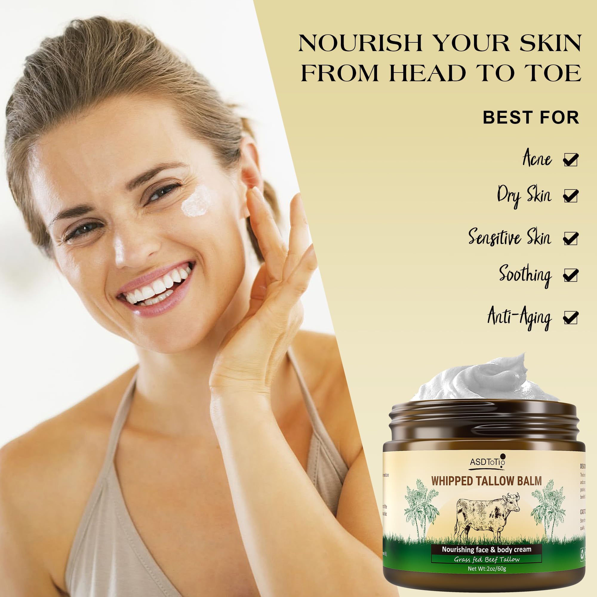 ASDToTio Handmade Whipped Tallow Balm for Skin Care- All Natural Grass Fed Beef Tallow All Purpose Balm,Face and Body Moisturizing Cream, Tallow Balm For Dry Skin- 2 oz