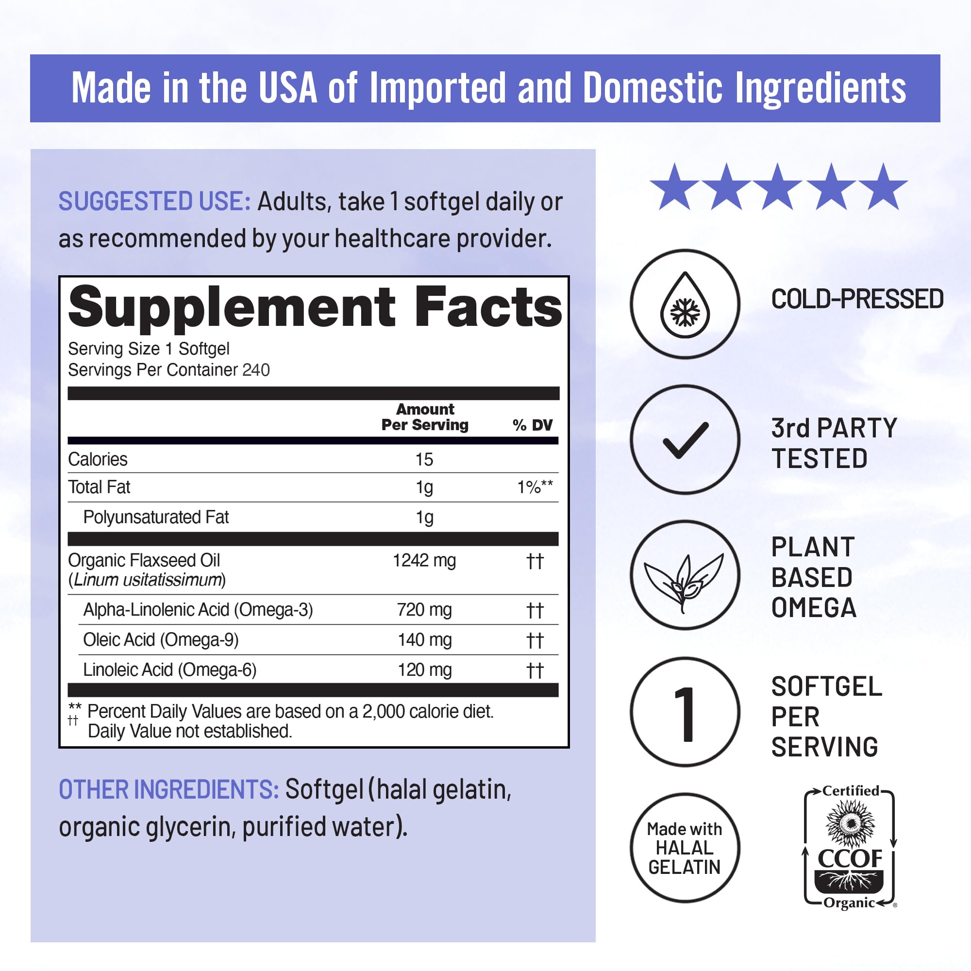NatureWise Flaxseed Oil 1200 mg, Fish Free Omega 3 Supplement with 720mg ALA, Omega 3 6 9, Dietary Supplement for Heart Health Support - Organic, Cold Pressed, Non-GMO - 240 Softgels[8-Month Supply]