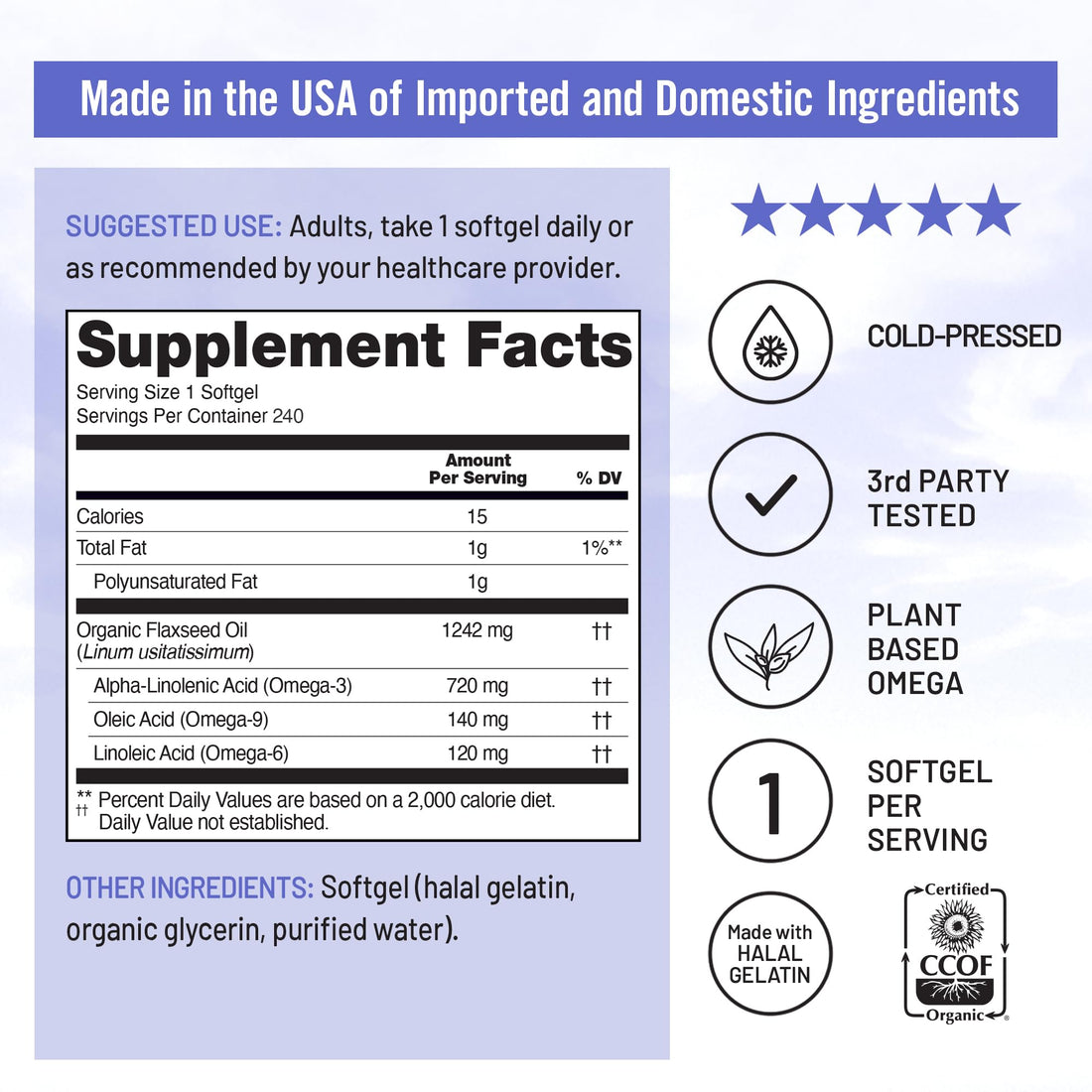 NatureWise Flaxseed Oil 1200 mg, Fish Free Omega 3 Supplement with 720mg ALA, Omega 3 6 9, Dietary Supplement for Heart Health Support - Organic, Cold Pressed, Non-GMO - 240 Softgels[8-Month Supply]
