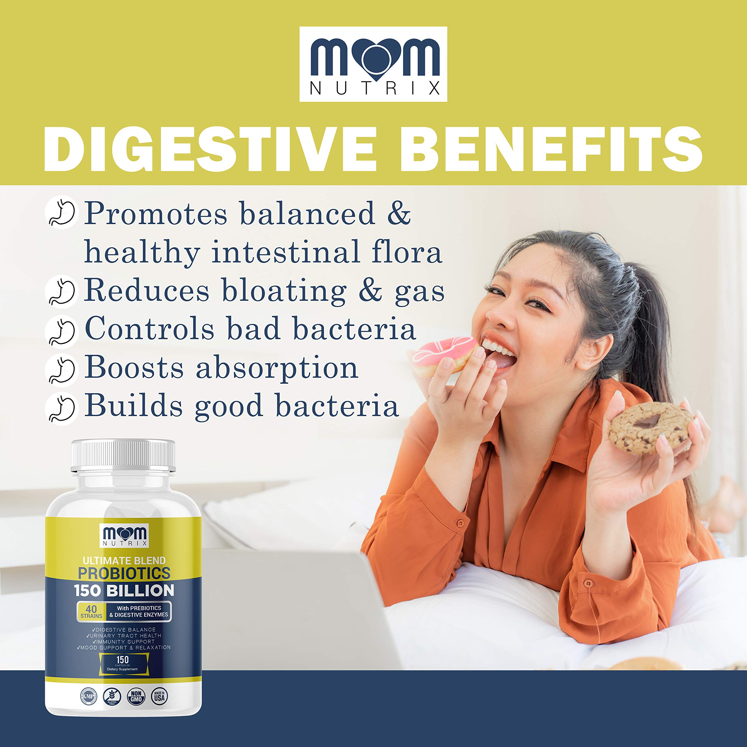 Probiotics 150 Billion CFU - 40 Strain Probiotics for Women, Probiotics for Men and Adults - Shelf Stable Probiotic with Organic Prebiotic - Acidophilus Probiotic - 150 Capsules - Made in USA