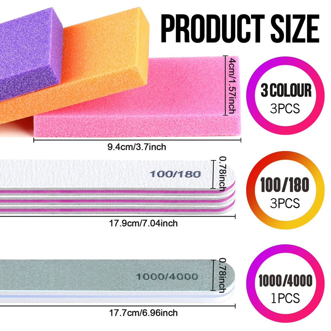 FANDAMEI Nail Buffers and Files - Professional Nail Care Kit with Rectangular Buffer Blocks, 100/180 & 1000/4000 Grit Files