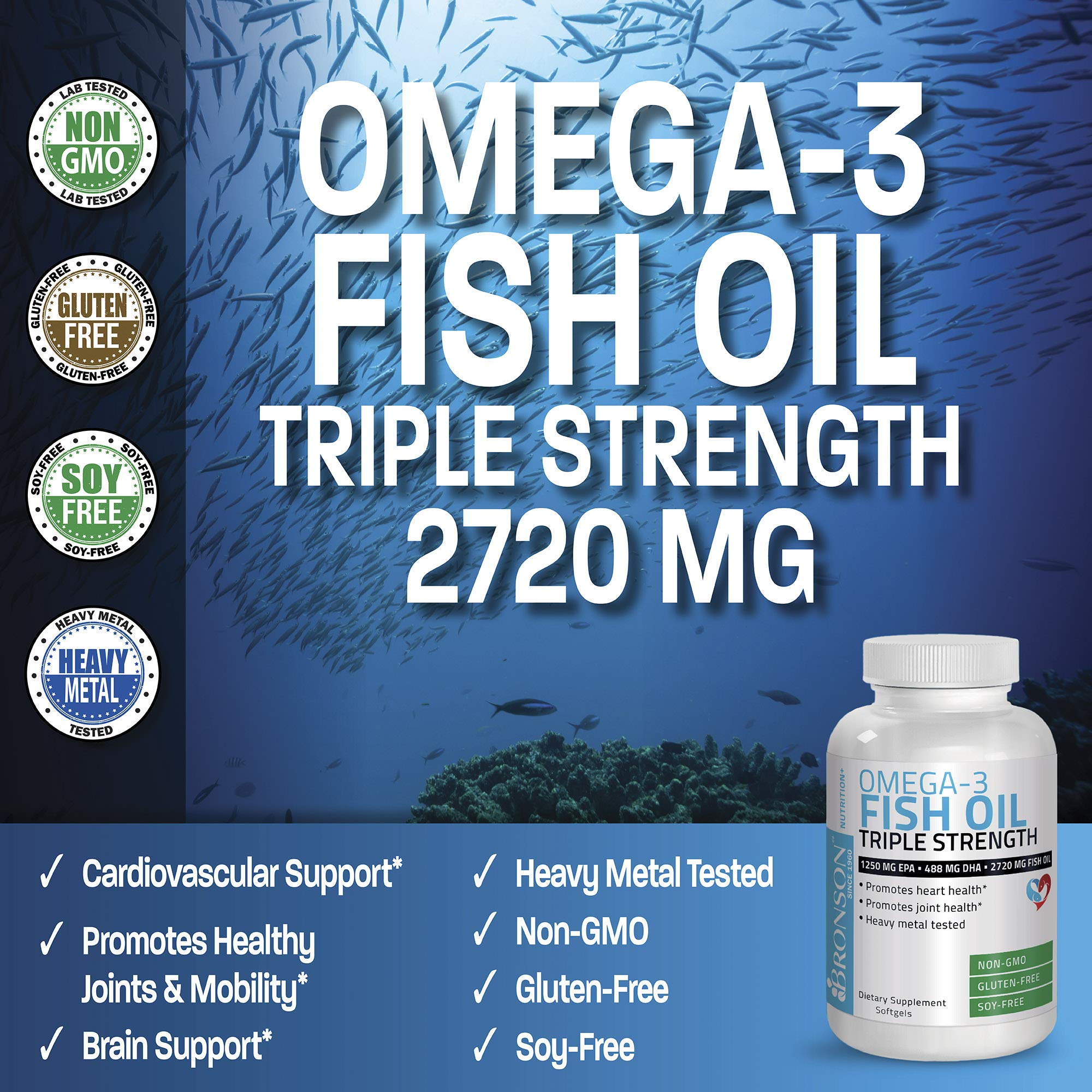 Bronson Omega 3 Fish Oil Triple Strength 2720 mg, High EPA 1250 mg DHA 488 mg, Non-GMO Heavy Metal Tested, 360 Softgels