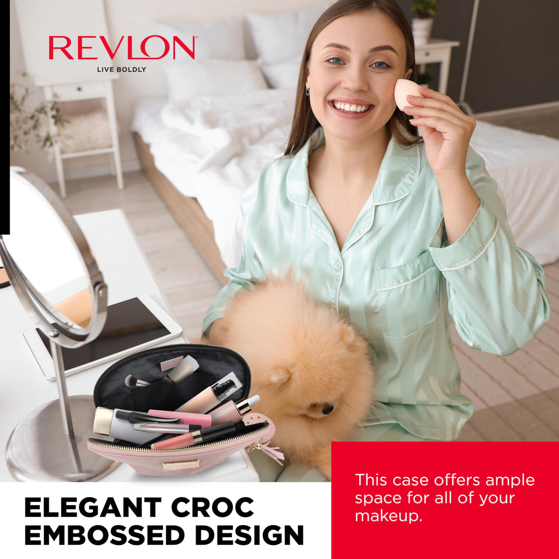 REVLON Croc Embossed Makeup Pouch, Small Makeup Pouch, Travel Makeup Organizer with Tassel & Mirror Keychain, Cosmetic Bag, Mini Makeup Case with Pockets, Gifts for Women, Ladies, or Teen Girls, Rose