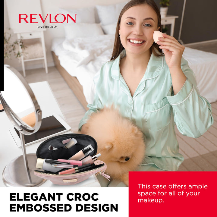 REVLON Croc Embossed Makeup Pouch, Small Makeup Pouch, Travel Makeup Organizer with Tassel & Mirror Keychain, Cosmetic Bag, Mini Makeup Case with Pockets, Gifts for Women, Ladies, or Teen Girls, Rose