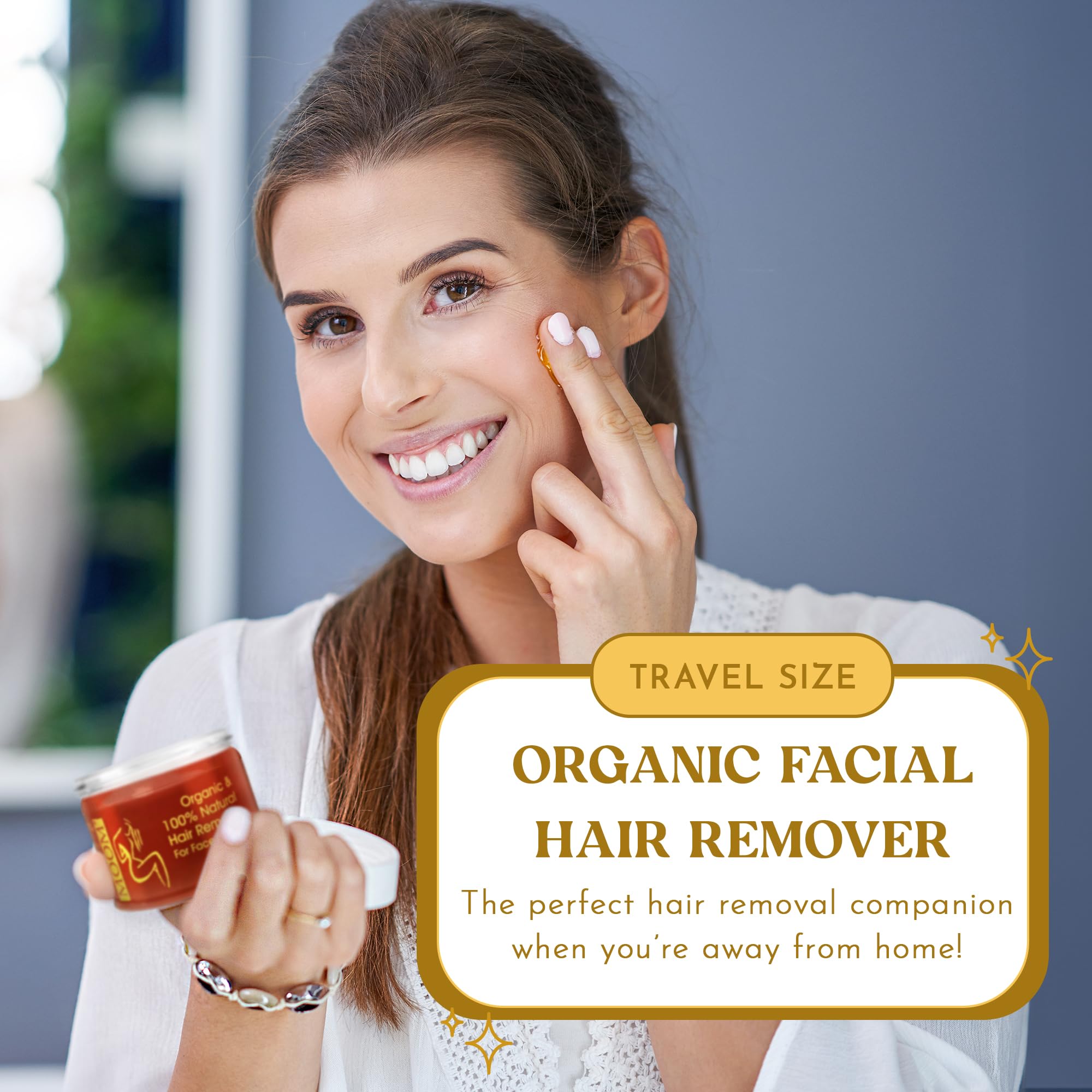 MOOM - Facial Sugaring Wax Travel Kit, Hair Removal for Chin, Eyebrows & Upper Lip - Made with Aloe Vera & Tea Tree Oil - Includes 1.6oz Jar, 6 Reusable Fabric Strips & 2 Wax Applicator Sticks