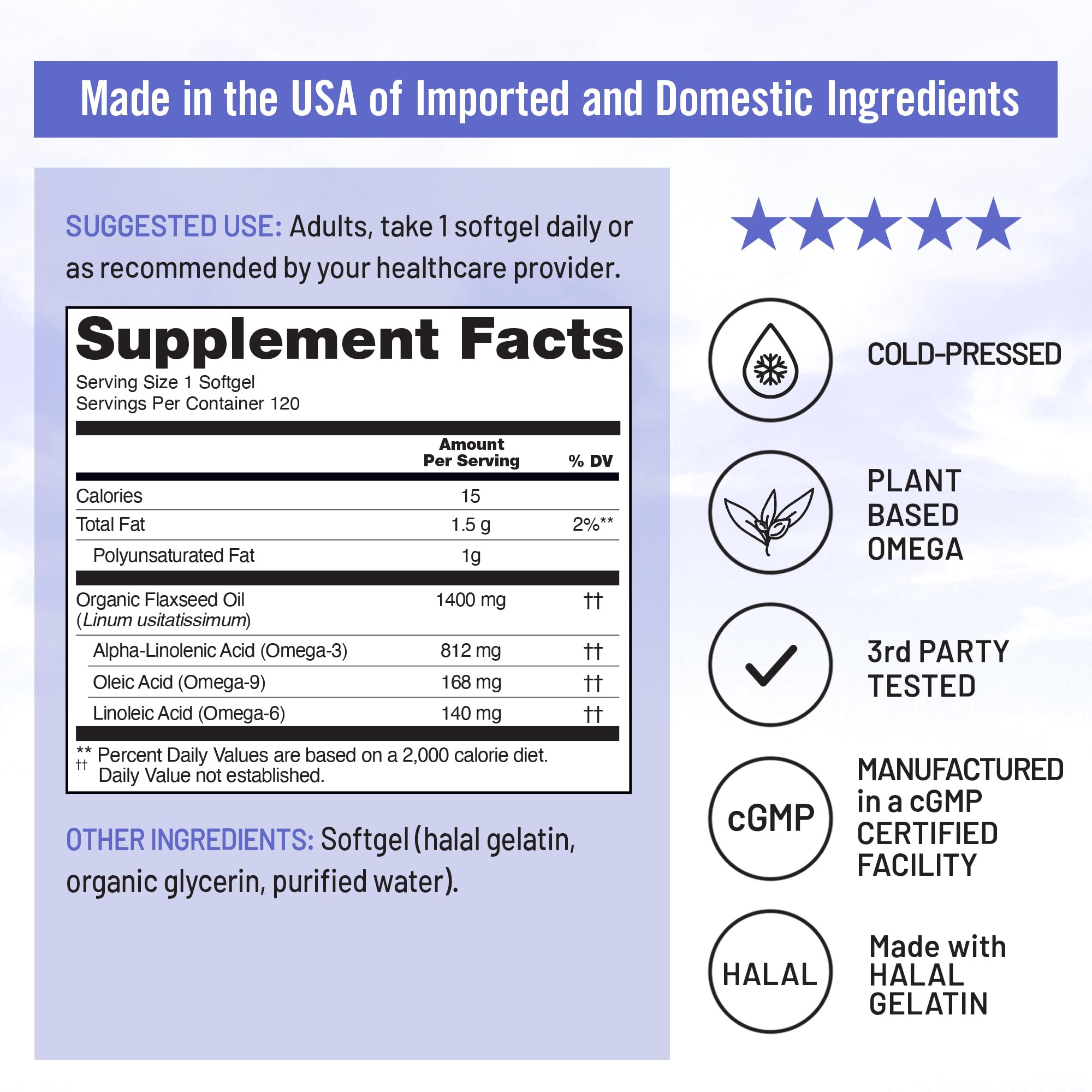 NatureWise Flaxseed Oil 1400 mg, Fish Free, High Potency Omega 3 with 812 mg ALA, Dietary Supplement for Heart Health Support - Organic, Cold Pressed, Non-GMO - 120 Softgels[120-Day Supply]