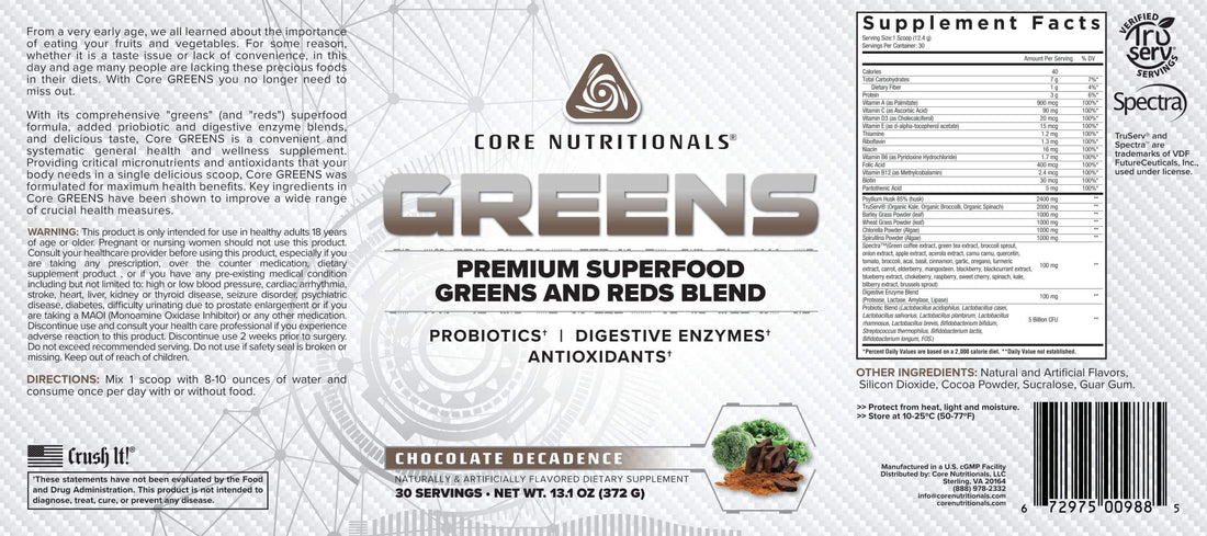 Core Nutritionals Greens Platinum Premium Superfood Greens and Reds Blend, Supports Digestion and Gut Health, 5 Billion CFU Probiotic,30 Servings (Chocolate)