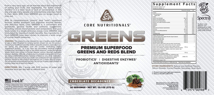 Core Nutritionals Greens Platinum Premium Superfood Greens and Reds Blend, Supports Digestion and Gut Health, 5 Billion CFU Probiotic,30 Servings (Chocolate)