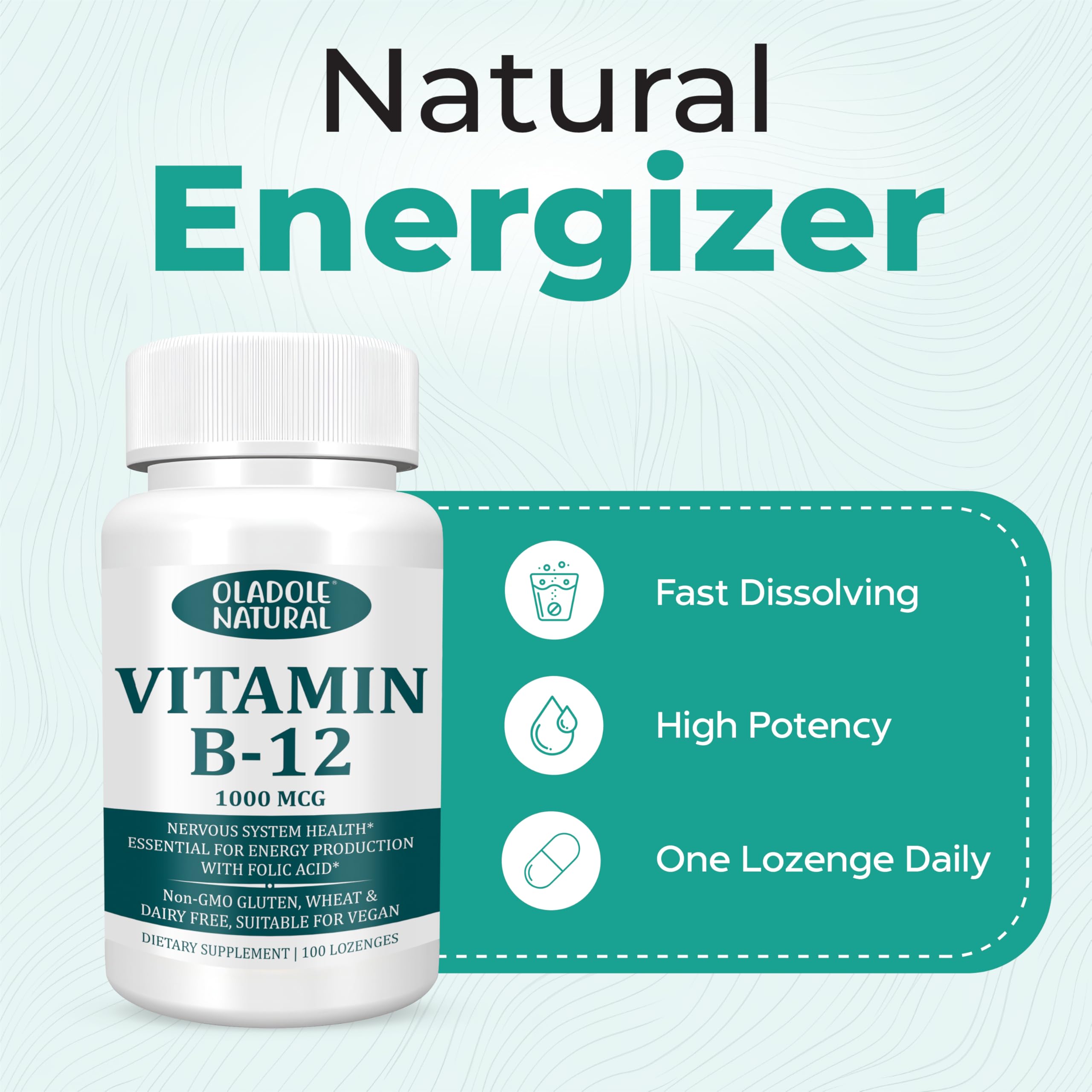 Oladole Natural Vitamin B-12 (1000mcg) - 100 Lozenges Black Cherry Flavour | Formulated with Folic Acid | Energy Boost, Red Blood Cell Formation, Nervous System Support & Immune Health | Non-GMO