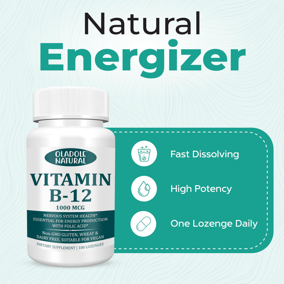 Oladole Natural Vitamin B-12 (1000mcg) - 100 Lozenges Black Cherry Flavour | Formulated with Folic Acid | Energy Boost, Red Blood Cell Formation, Nervous System Support & Immune Health | Non-GMO