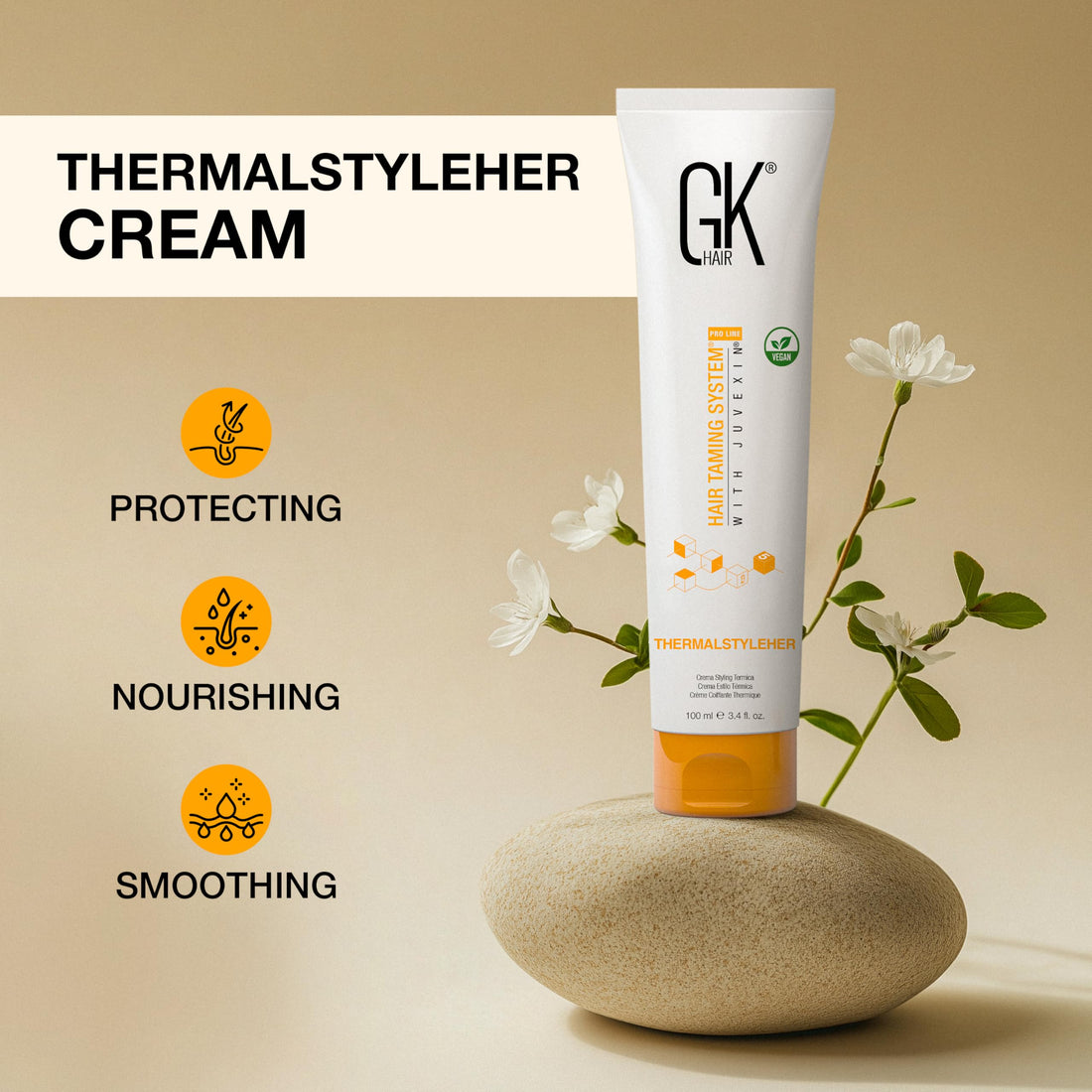 GK HAIR Global Keratin ThermalStyleHer Hair Cream (3.4 Fl Oz/100ml) - Thermal Styling Blow Dry Heat Protectant Cream - Anti Frizz Damage Protection Styling Cream for All Hair Types