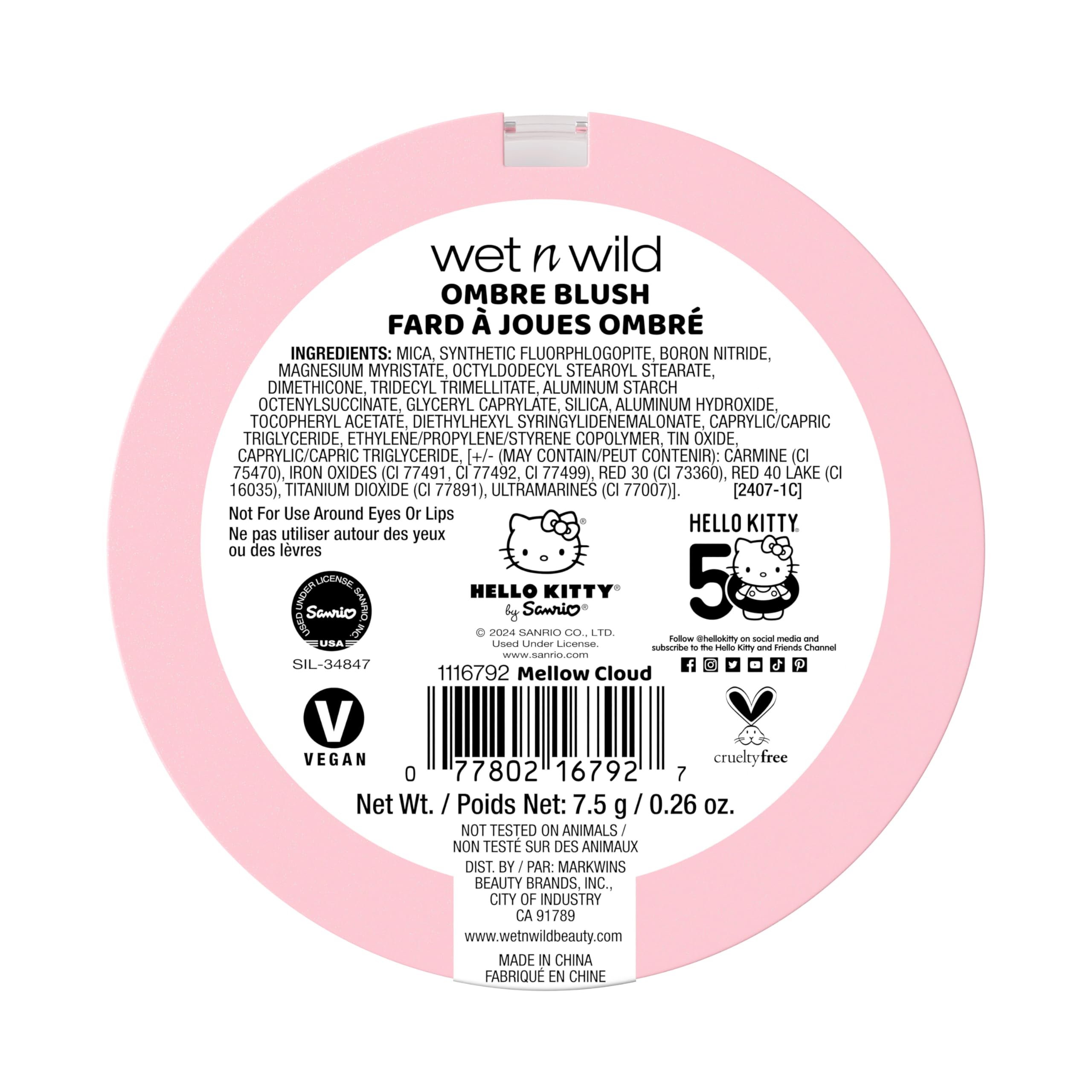 wet n wild Hello Kitty Ombre Blush, Buildable, Blendable Customizable Color, New Gradient Formula, Cruelty-Free & Vegan - Mellow Cloud