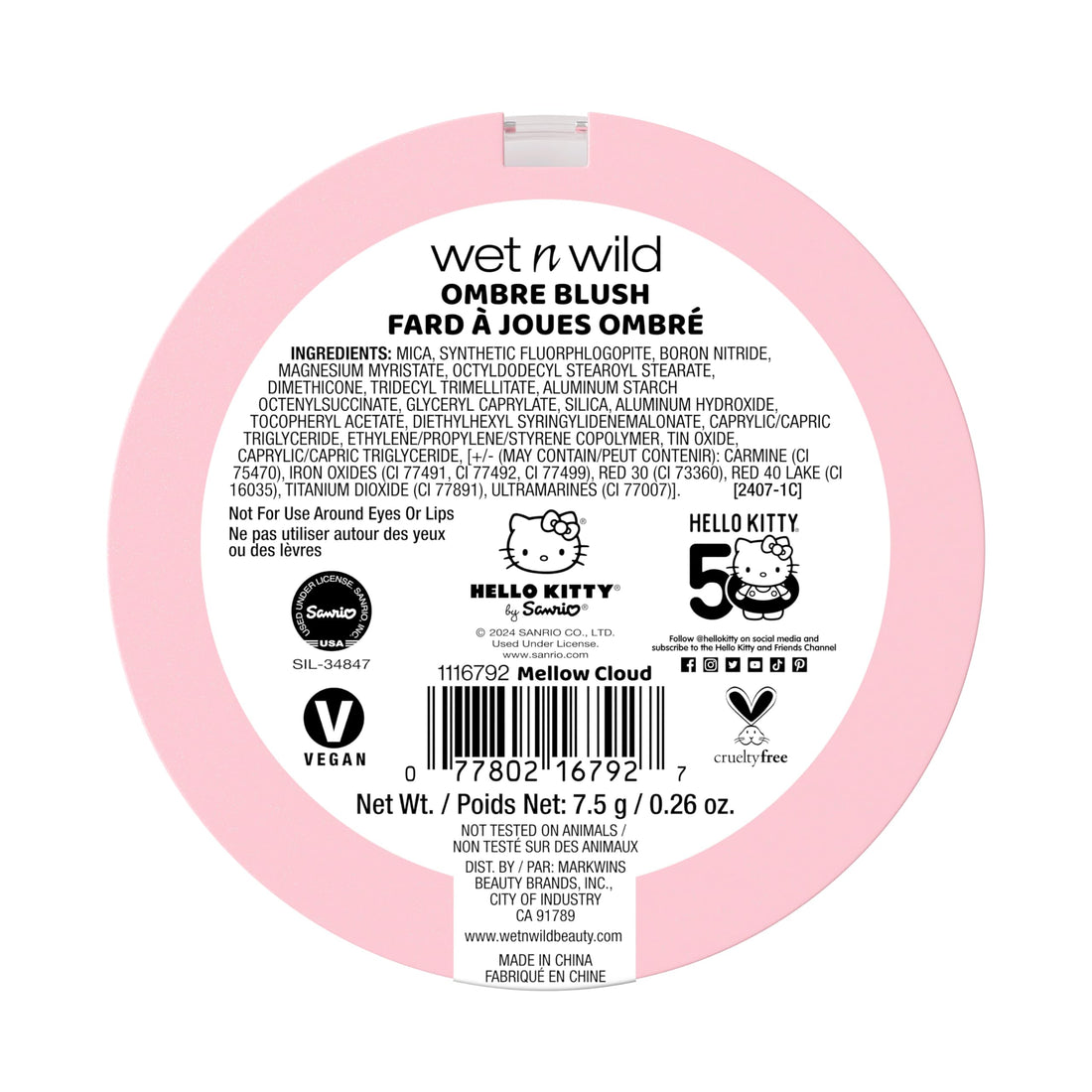 wet n wild Hello Kitty Ombre Blush, Buildable, Blendable Customizable Color, New Gradient Formula, Cruelty-Free & Vegan - Mellow Cloud