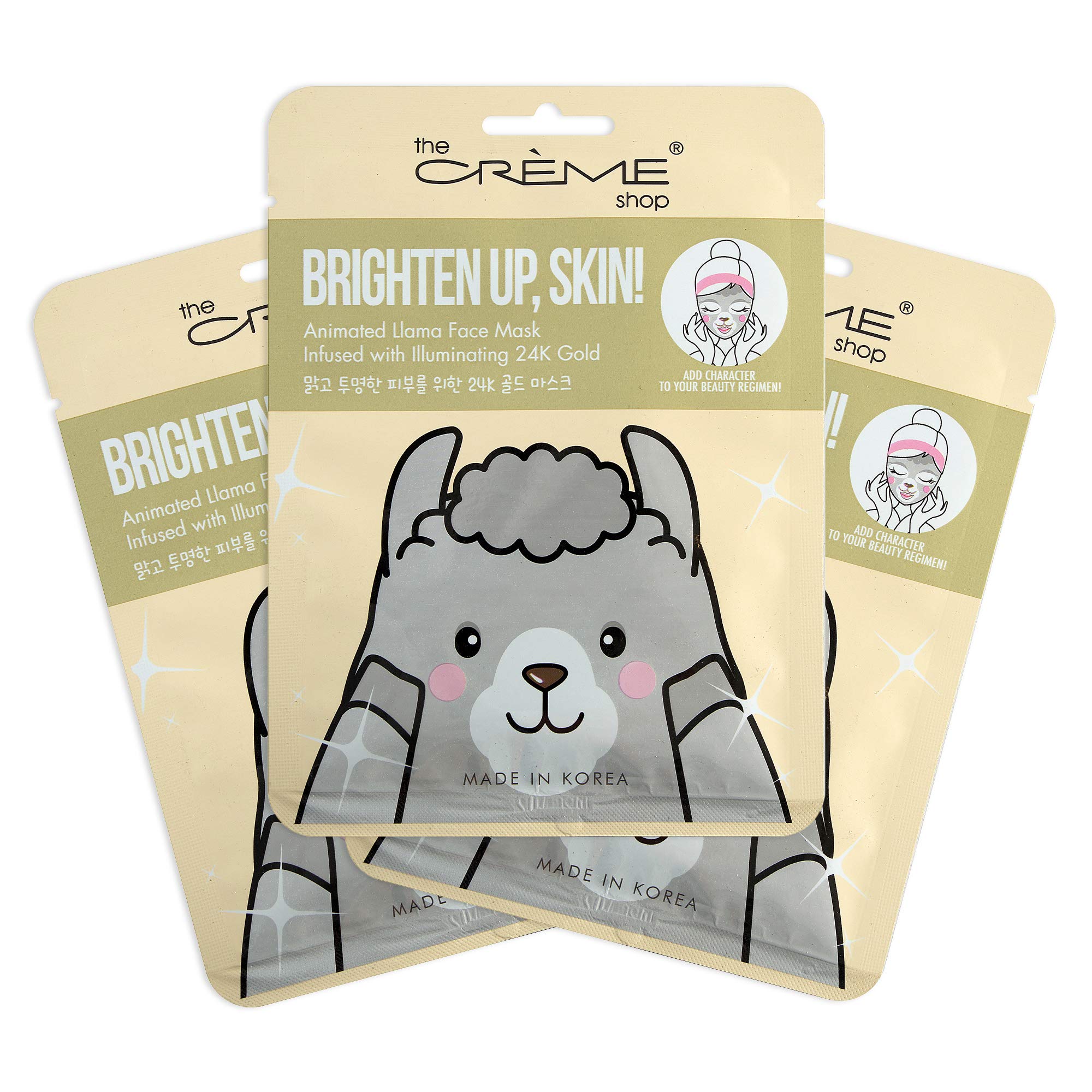 The Crème Shop Animal Sheet Mask, Korean, Hydrating, Collagen, Vitamin C, Anti-Aging - Pack of 3 (Llama)