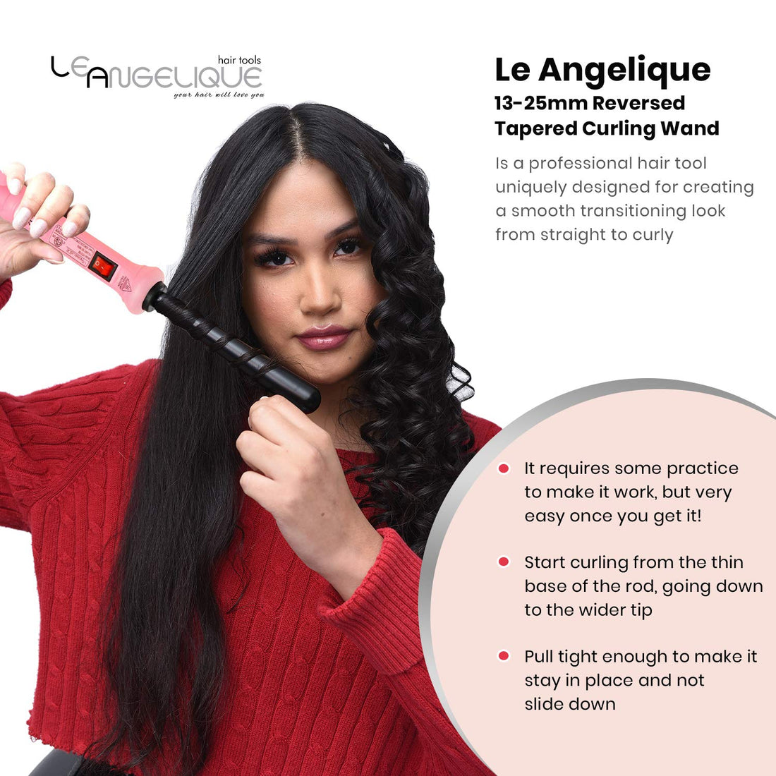 Le Angelique Tapered Curling Iron, Pink, 13-25mm
