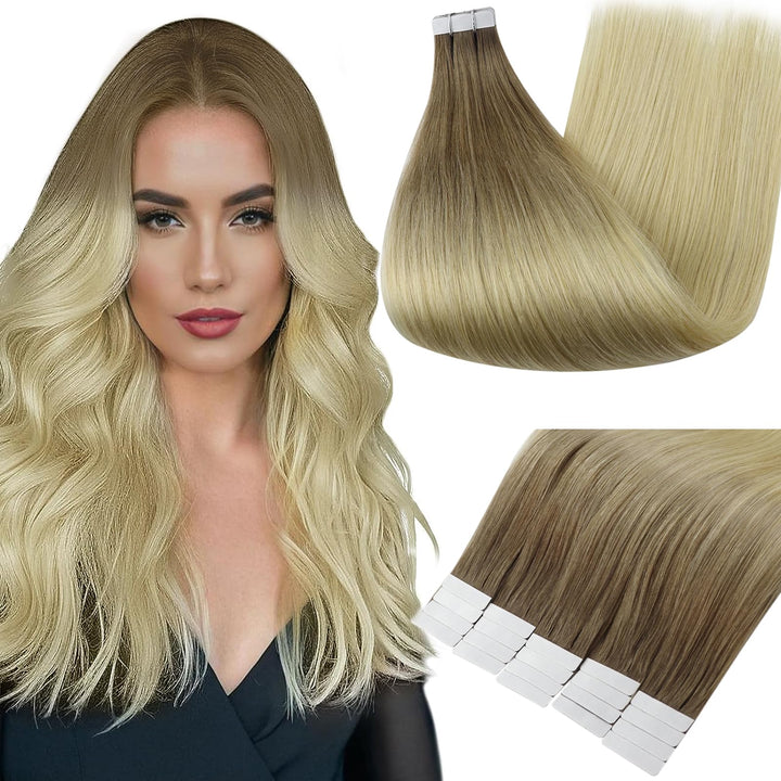 Fshine 12 Inch Short Tape in Human Hair Extensions 30 Gram Pu Tape Hair Extensions Straight Glue on Hair Color 3 Highlight 8 Dark Brown Fading to 613 Blonde Hair Tape in Extensions
