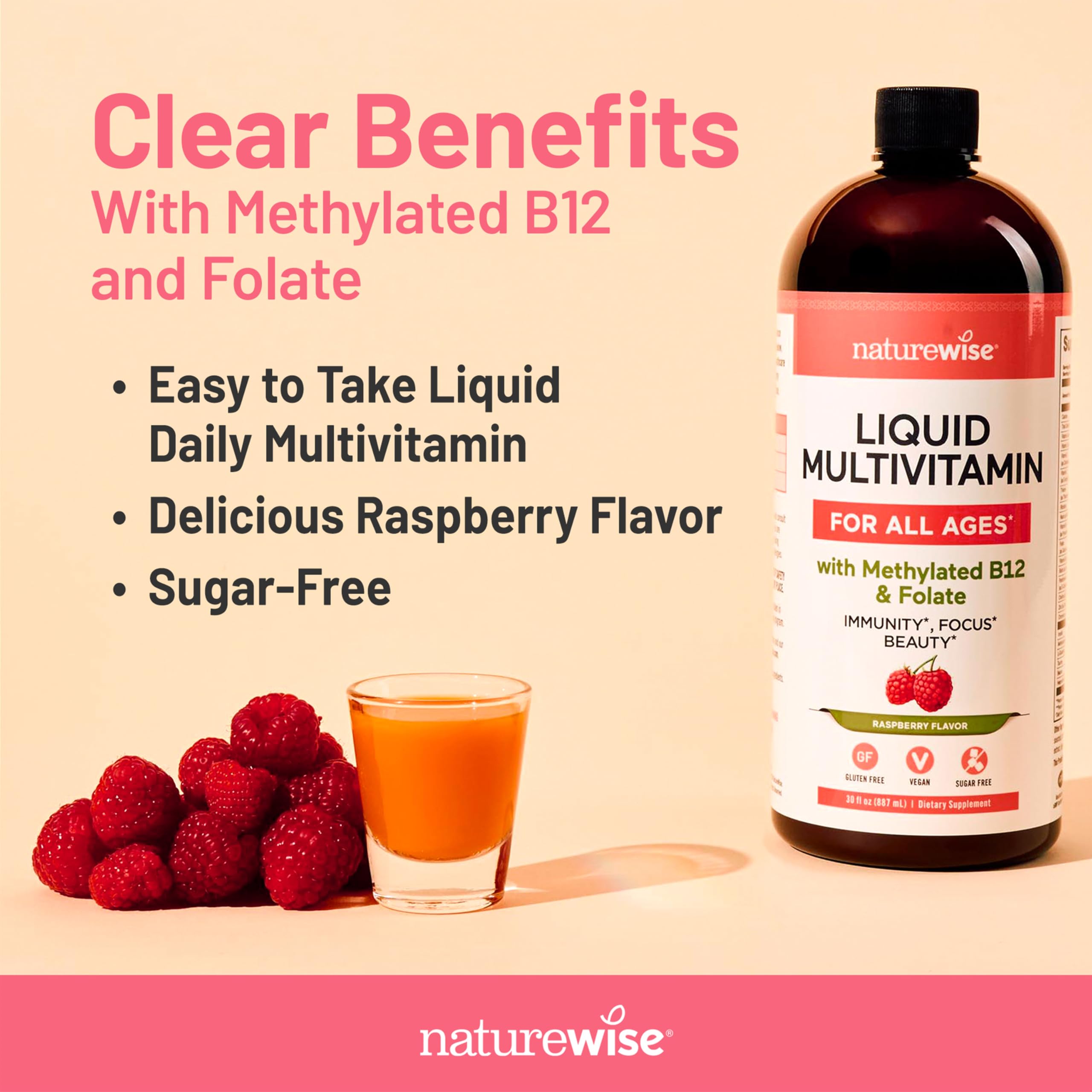 NatureWise Liquid Multivitamin for Women, Men, Kids, The Whole Family - Vegan, Sugar Free - Minerals for Beauty, Immune Health, Energy with Methylated B12 & Folate - Non-GMO - 30 fl oz(887 mL)