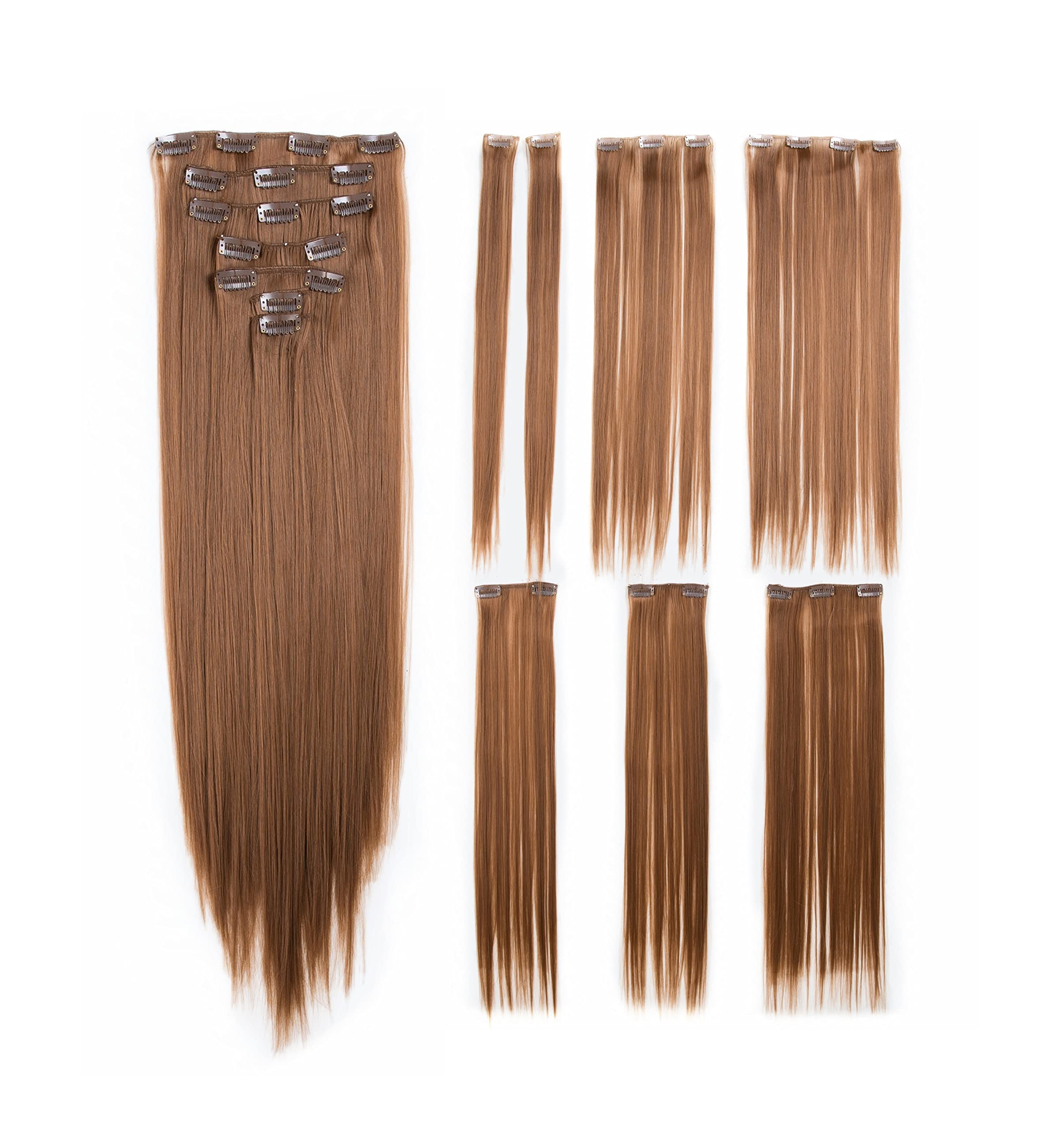 SWACC Women 22 Inches Straight Full Head 7 Separate Pieces Heat Resistance Synthetic Hair Clip in Hair Extensions (Strawberry Blonde-27#)