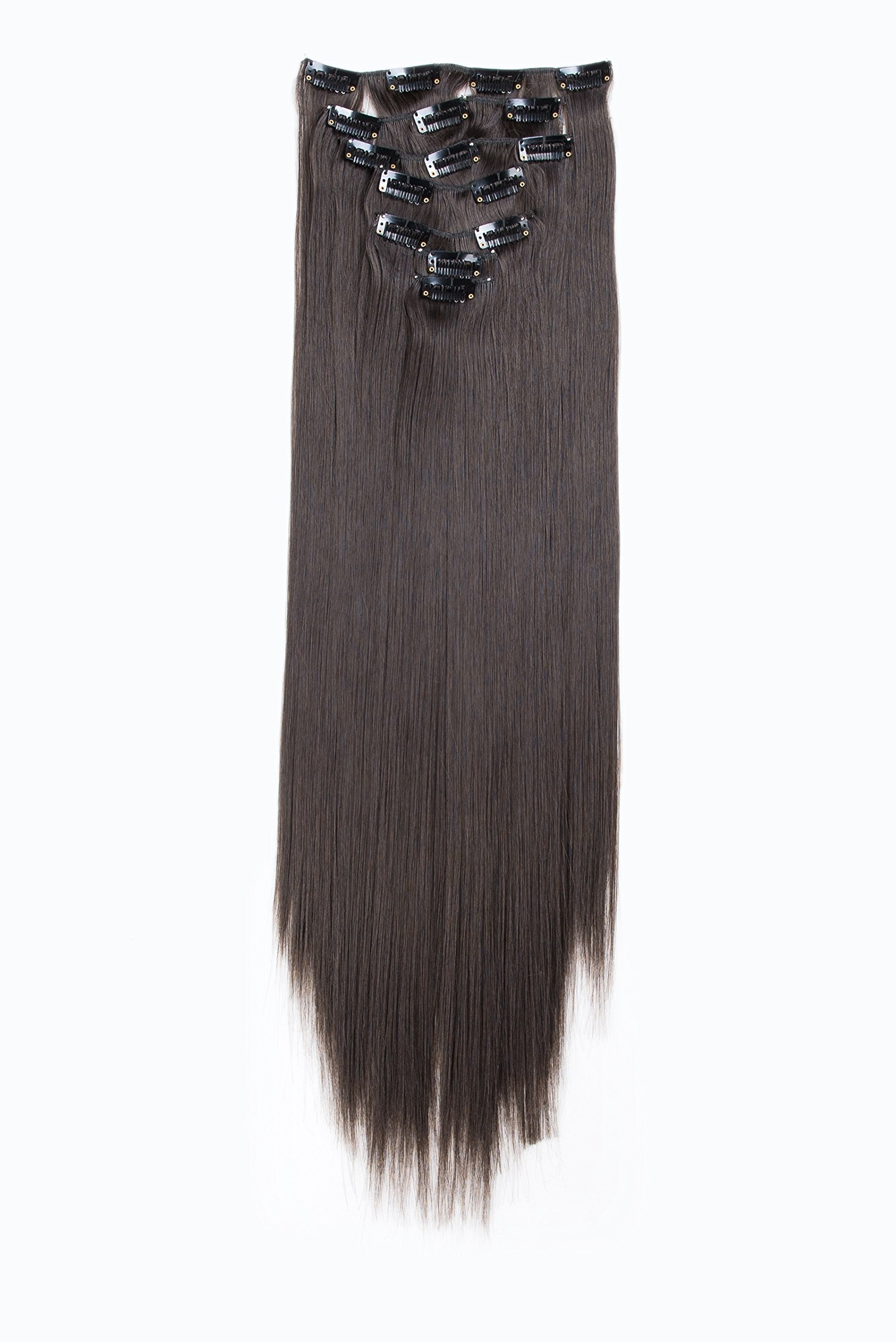 SWACC Women 22 Inches Straight Full Head 7 Separate Pieces Heat Resistance Synthetic Hair Clip in Hair Extensions (Dark Brown-4#)