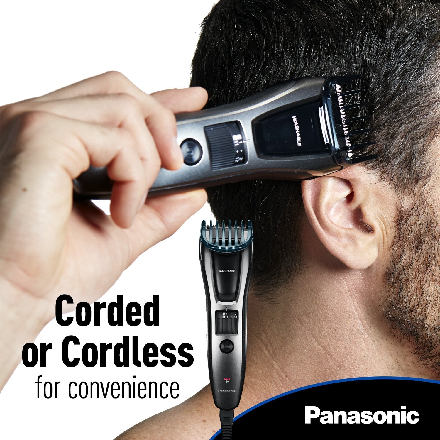 Panasonic Hair and Beard Trimmer, Men's, with 39 Adjustable Trim Settings and Two Comb Attachments for Beard and Hair, Corded or Cordless Operation, ER-GB60-K