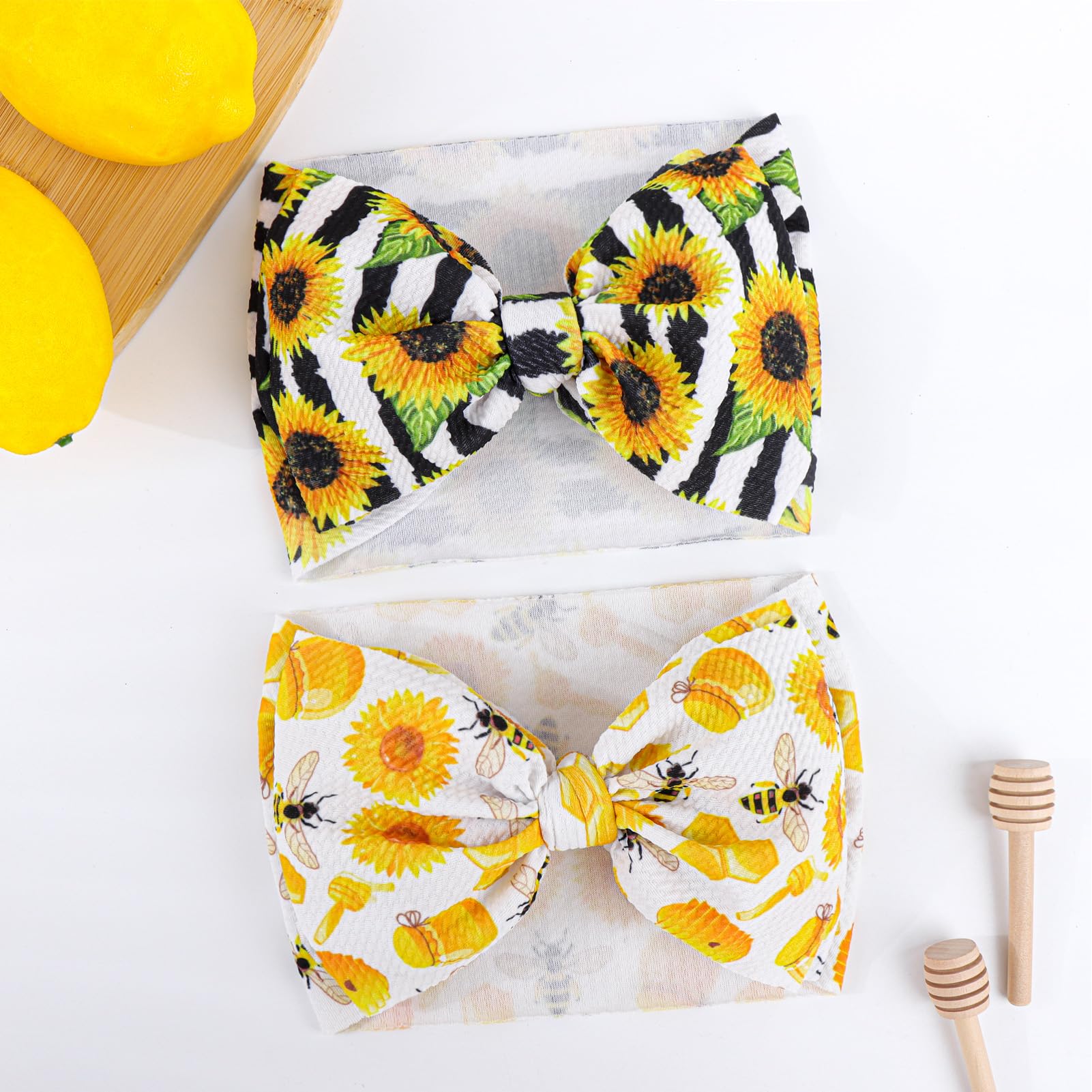 YanJie Hairband, Baby Girls Headband with Bow, Sunflower Printed, Wide Headbands, Elastic Hair Bow Headwrap, Knotted Headband, Newborn Infant Toddlers Hair Accessories, Bee, 2 Count