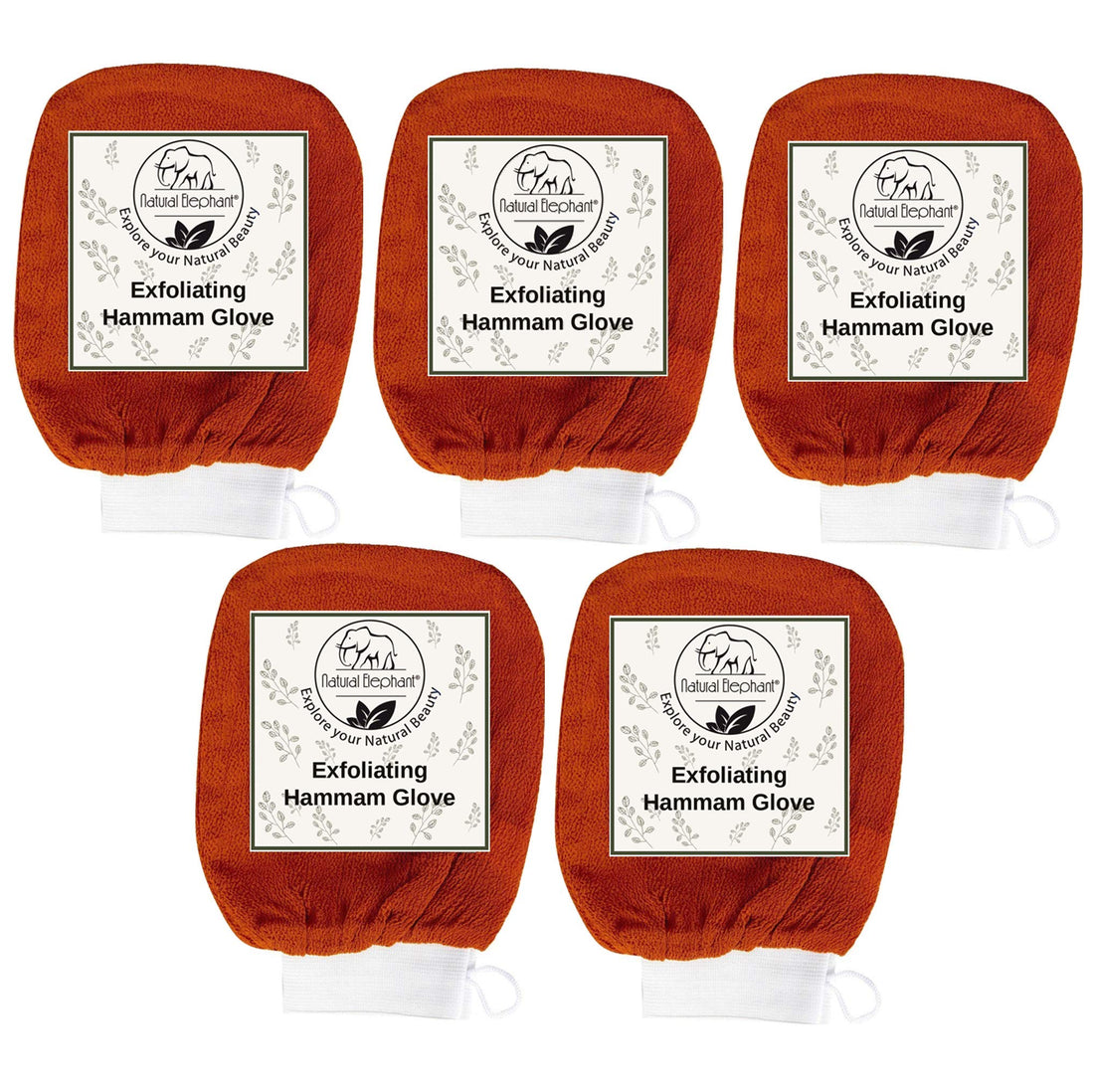 Natural Elephant Exfoliating Hammam Glove - Face and Body Exfoliator Mitt (Burnt Orange (Pack of 5))