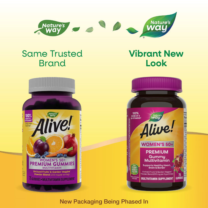 Nature’s Way Alive! Women’s 50+ Premium Gummy Multivitamin, Supports Healthy Heart, Brain & Bones*, B-Vitamins, Gluten-Free, Vegetarian, Grape and Cherry Flavored, 75 Gummies (Packaging May Vary)