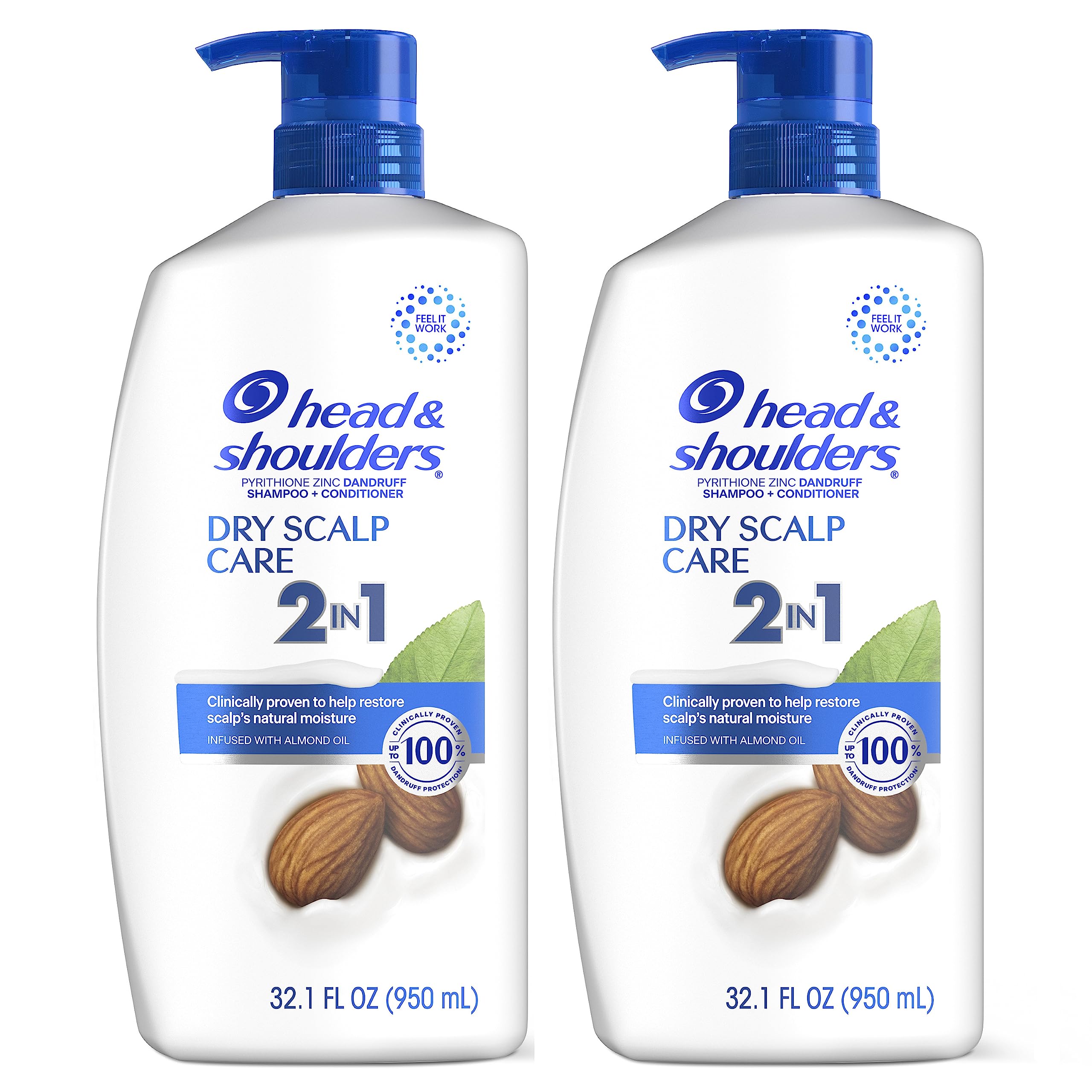 Head and Shoulders Shampoo and Conditioner 2 in 1, Anti Dandruff Treatment, Dry Scalp Care with Almond Oil, 32.1 fl oz, Twin Pack