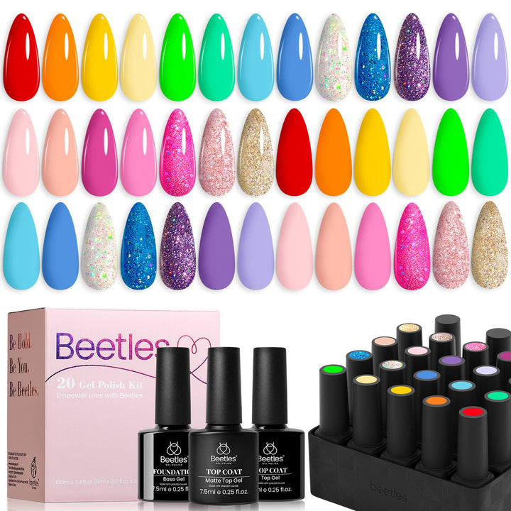 Beetles Summer Gel Nail Polish Set Green Pink Blue Glitter Nude Manicure Kit 23 Pcs 20 Colors Gifts for Women with Base Matte Glossy Top Coat Uv Lamp Needed Rainbow Magic