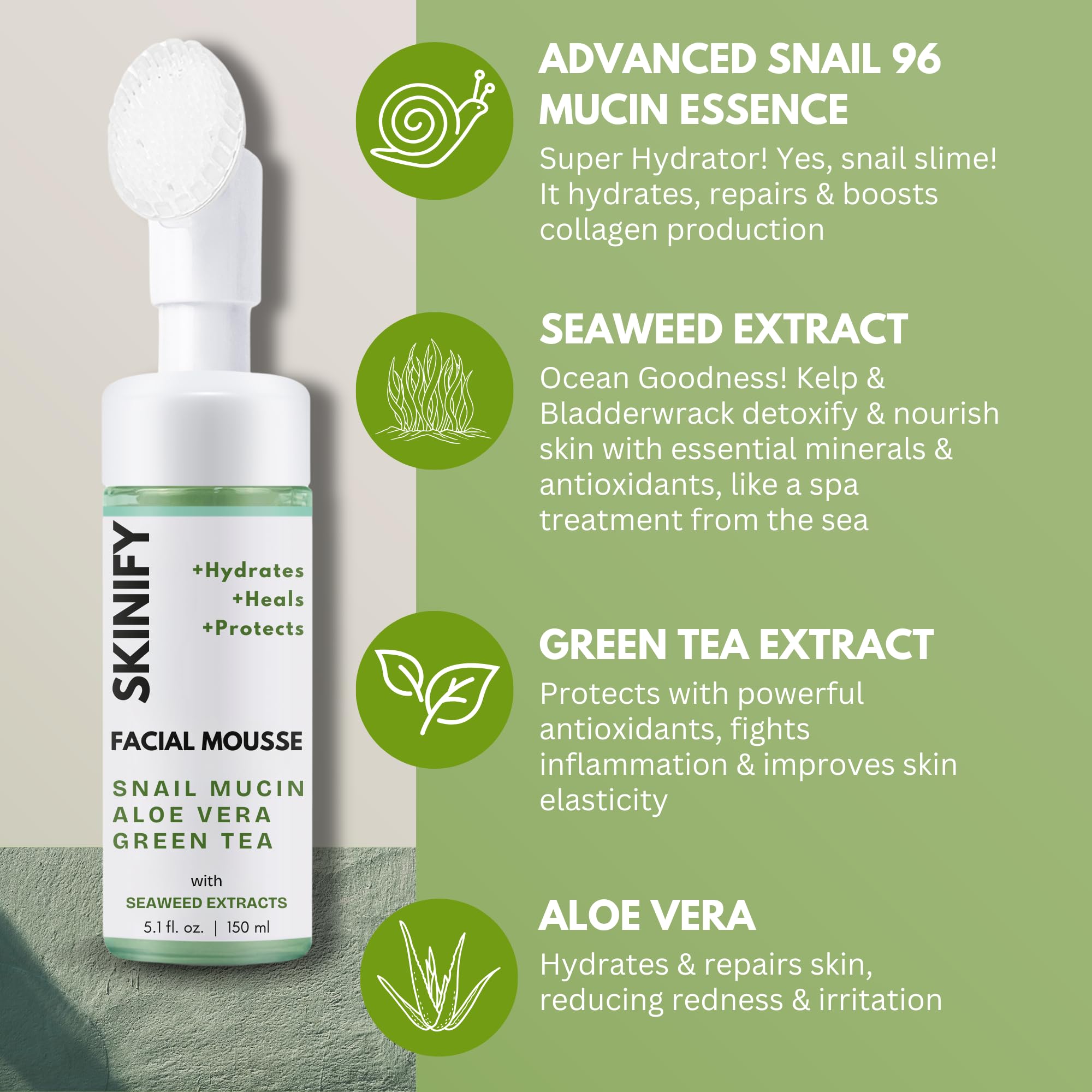 SKINIFY Glass-Skin Snail Mucin Facial Foam Cleanser w/Exfoliator – Ultra Hydration with Aloe Vera, Green Tea & Seaweed – All Skin Types Men & women – Deeply Hydrates, Detoxifies & Protects (5.1 Oz)