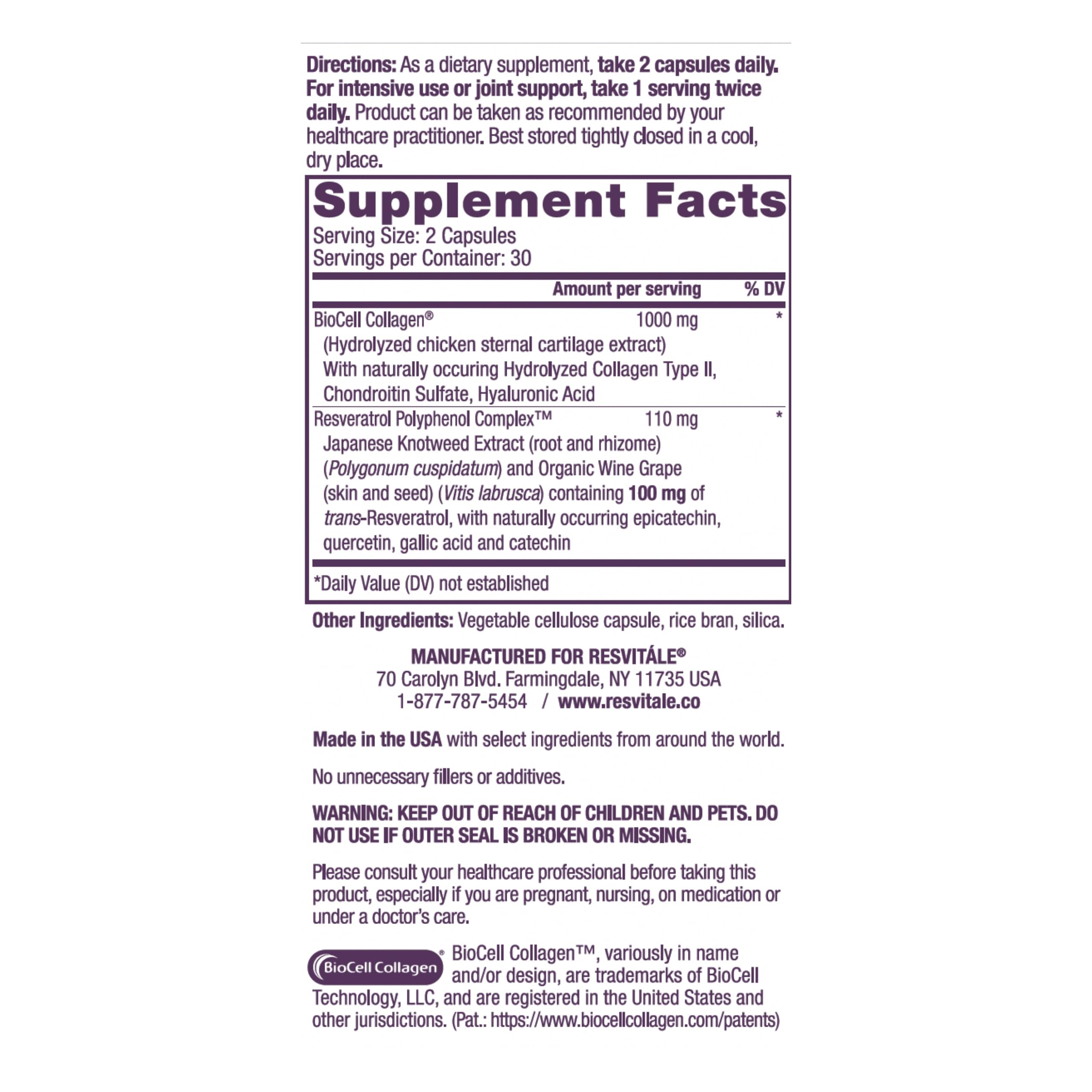 ResVitále Collagen Enhance - Beauty Supplement with Hyaluronic Acid & Resveratrol - 60 Capsules