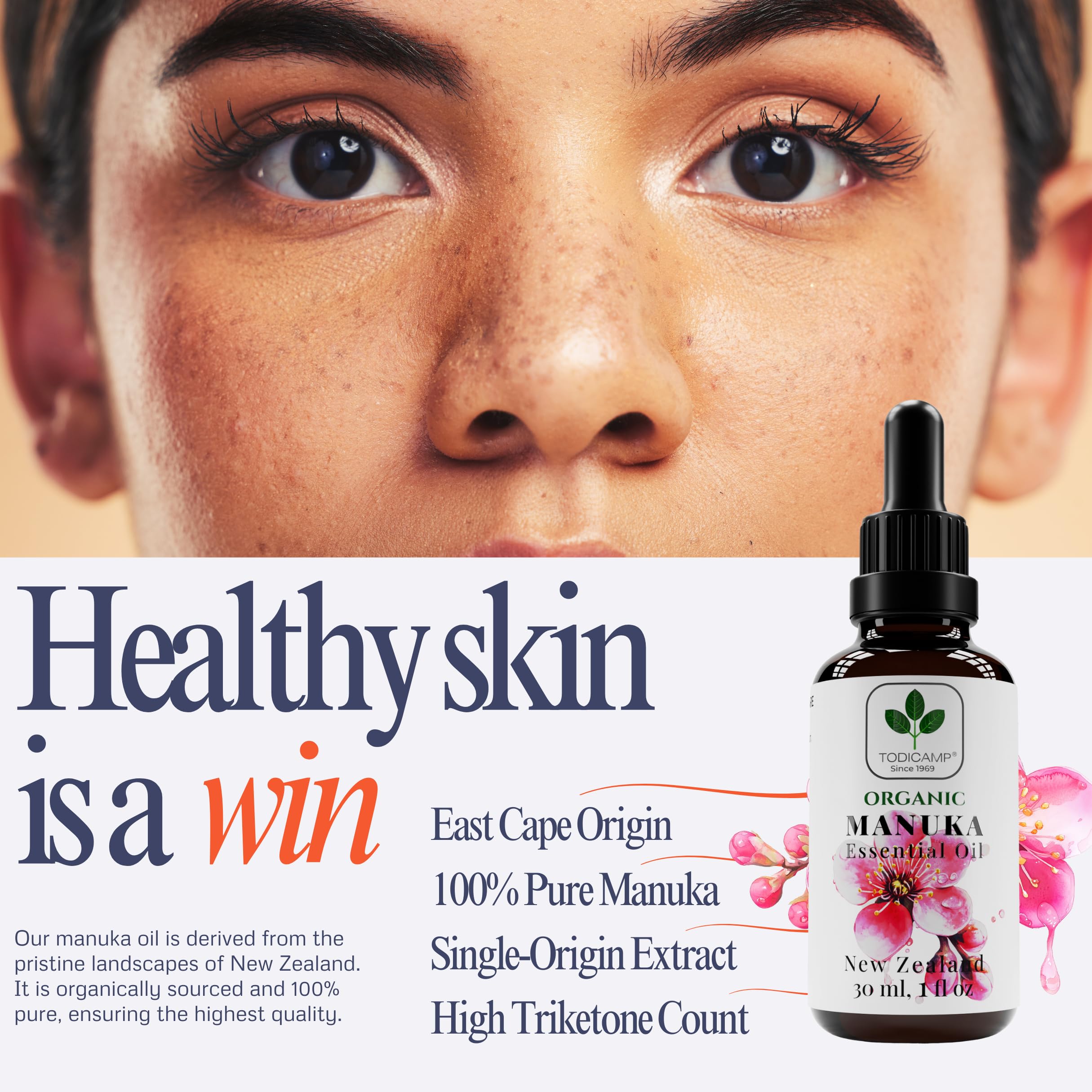 TODICAMP 100% Pure Manuka Oil from New Zealand | Therapeutic-Grade Essential Oil for Wound Care, Skin Soothing, Nail & Scalp Health | Organic, Undiluted, Cold-Pressed Manuka for Face, Hair & Body