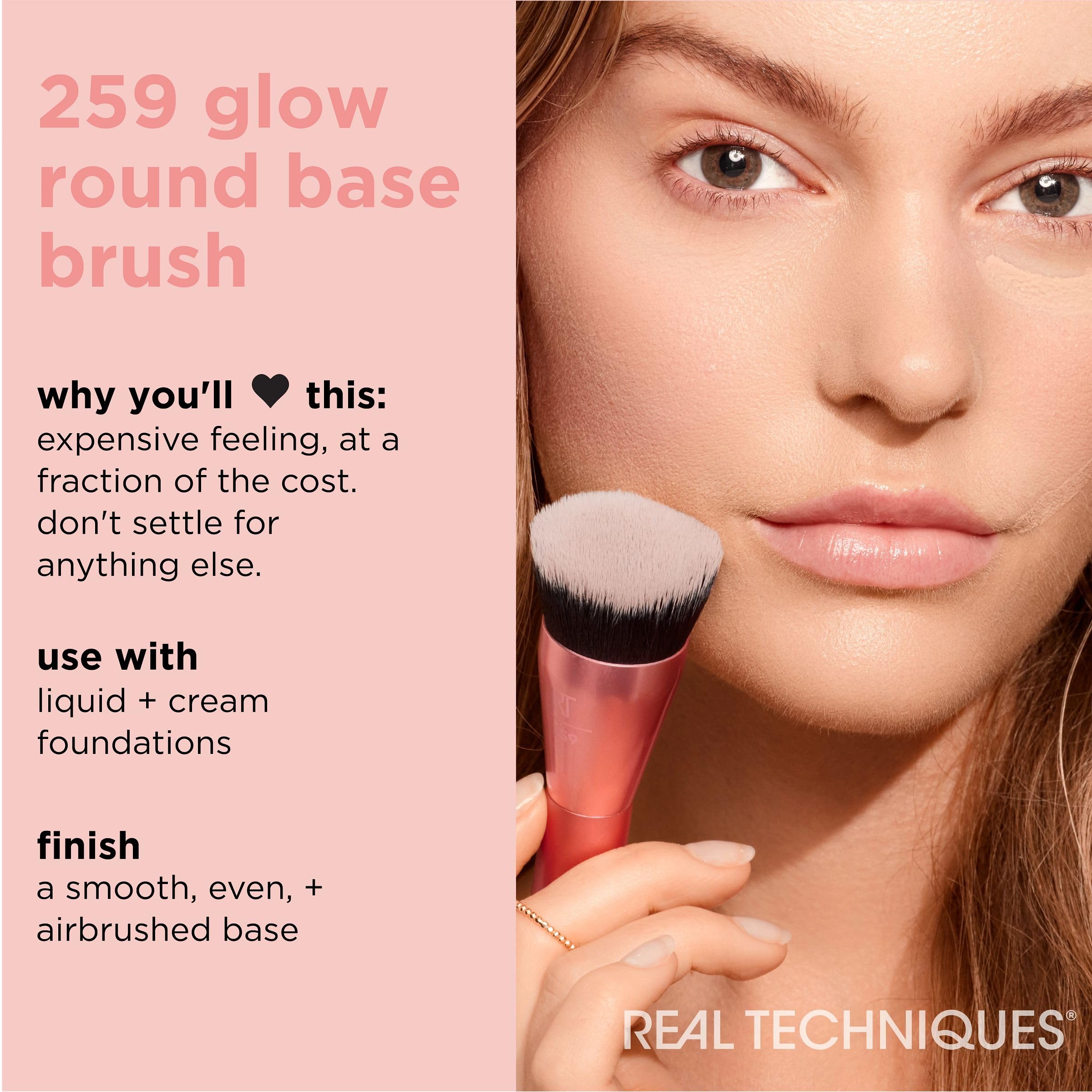 Real Techniques Glow Round Base Makeup Brush, For Liquid & Cream Makeup, Flat Top Foundation Brush For Buffing & Blending Up Coverage, Dense, Synthetic Bristles, Vegan & Cruelty Free, 1 Count