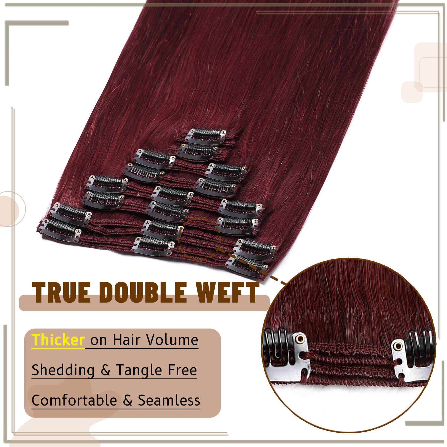 S-noilite Burgundy 100% Remy Human Hair Clip in Extensions Double Weft 16Inch Wine Red Straight Soft Grade 7A Quality 8pcs 18 Clips 130g Thick Full Head Brazilian Hair For Women #99J