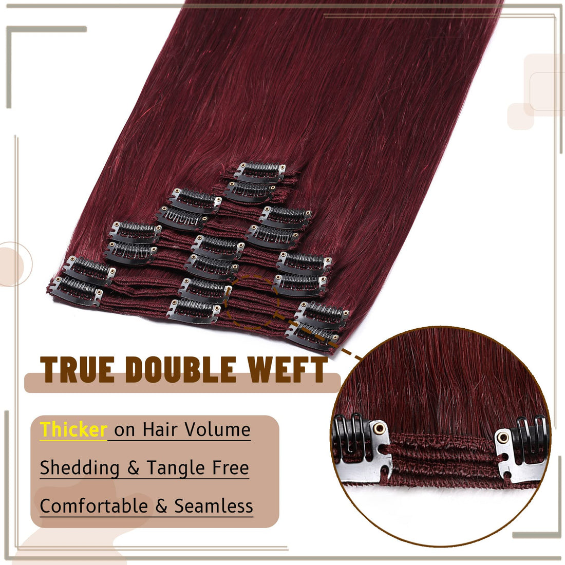 S-noilite Burgundy 100% Remy Human Hair Clip in Extensions Double Weft 16Inch Wine Red Straight Soft Grade 7A Quality 8pcs 18 Clips 130g Thick Full Head Brazilian Hair For Women #99J