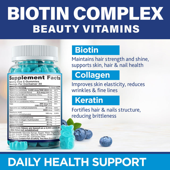 Hair Vitamins Natural Gummies - Biotin Multivitamin for Hair, Skin & Nails with Collagen & Keratin - Anti Aging Collagen Gummy Vitamins for Men & Women - Hair & Nail Growth Gummies - 60psc