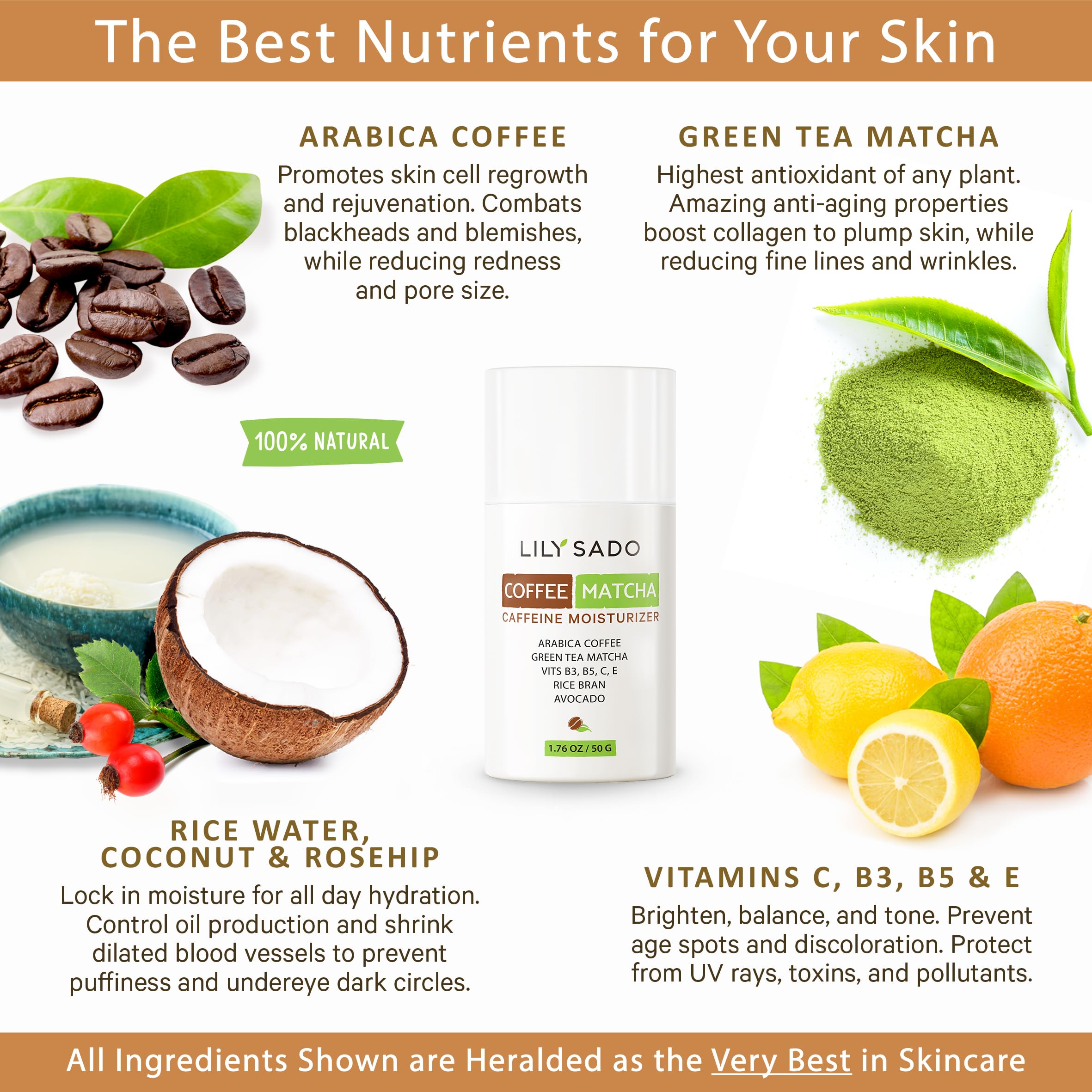 LILY SADO TEA+C™ Coffee & Matcha Face Moisturizer - Natural Vegan Caffeine Facial Cream w Green Tea & Arabica Coffee Beans - Best Antioxidant, Anti-Wrinkle Moisturizing Lotion - Softens & Firms