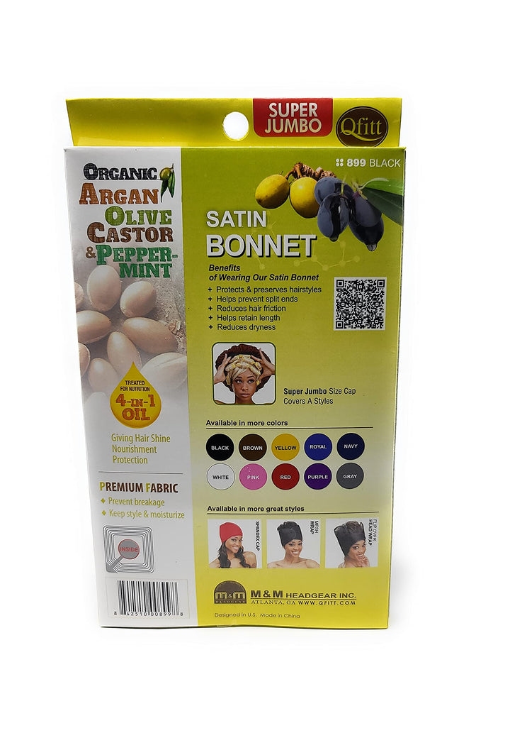Qfitt Organic Argan + Shea Butter Olive Oil Super Jumbo Satin Bonnet #899 Black