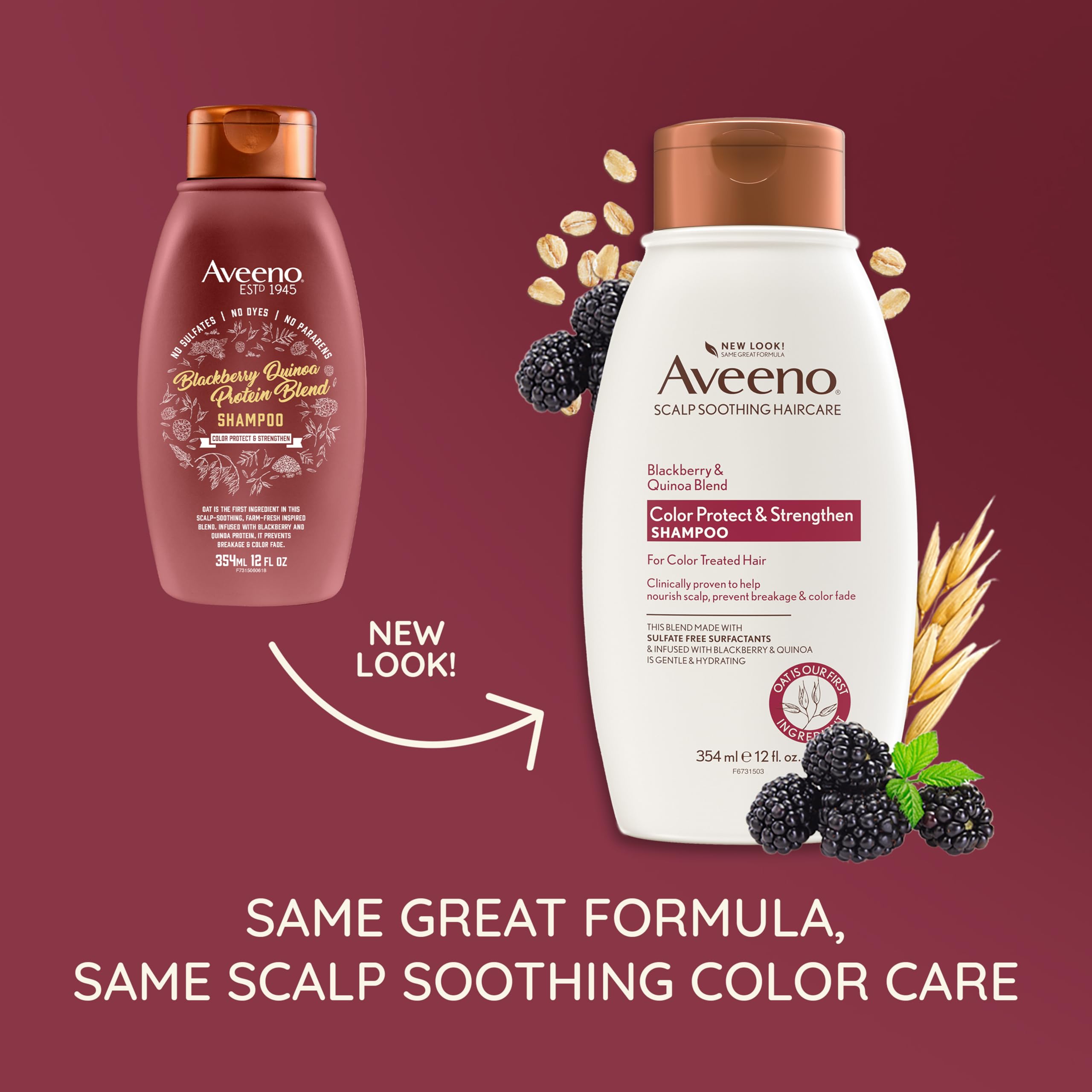 Aveeno Blackberry Quinoa Protein Blend Sulfate-Free Shampoo for Color-Treated Hair Protection, Daily Strengthening & Moisturizing Shampoo, Paraben & Dye-Free, 12 Fl Oz (Packaging may vary)