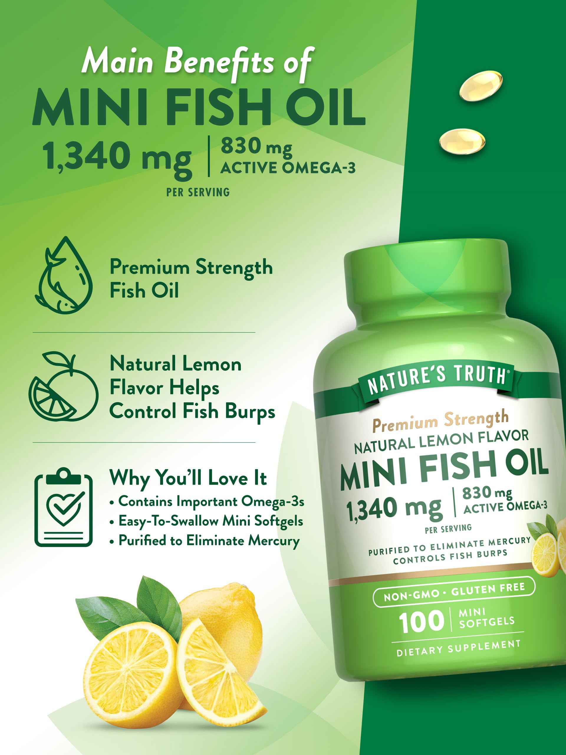 Nature's Truth Mini Fish Oil Omega 3 | 1340 mg | 100 Softgels | Burpless Lemon Flavor | Non-GMO & Gluten Free Supplement
