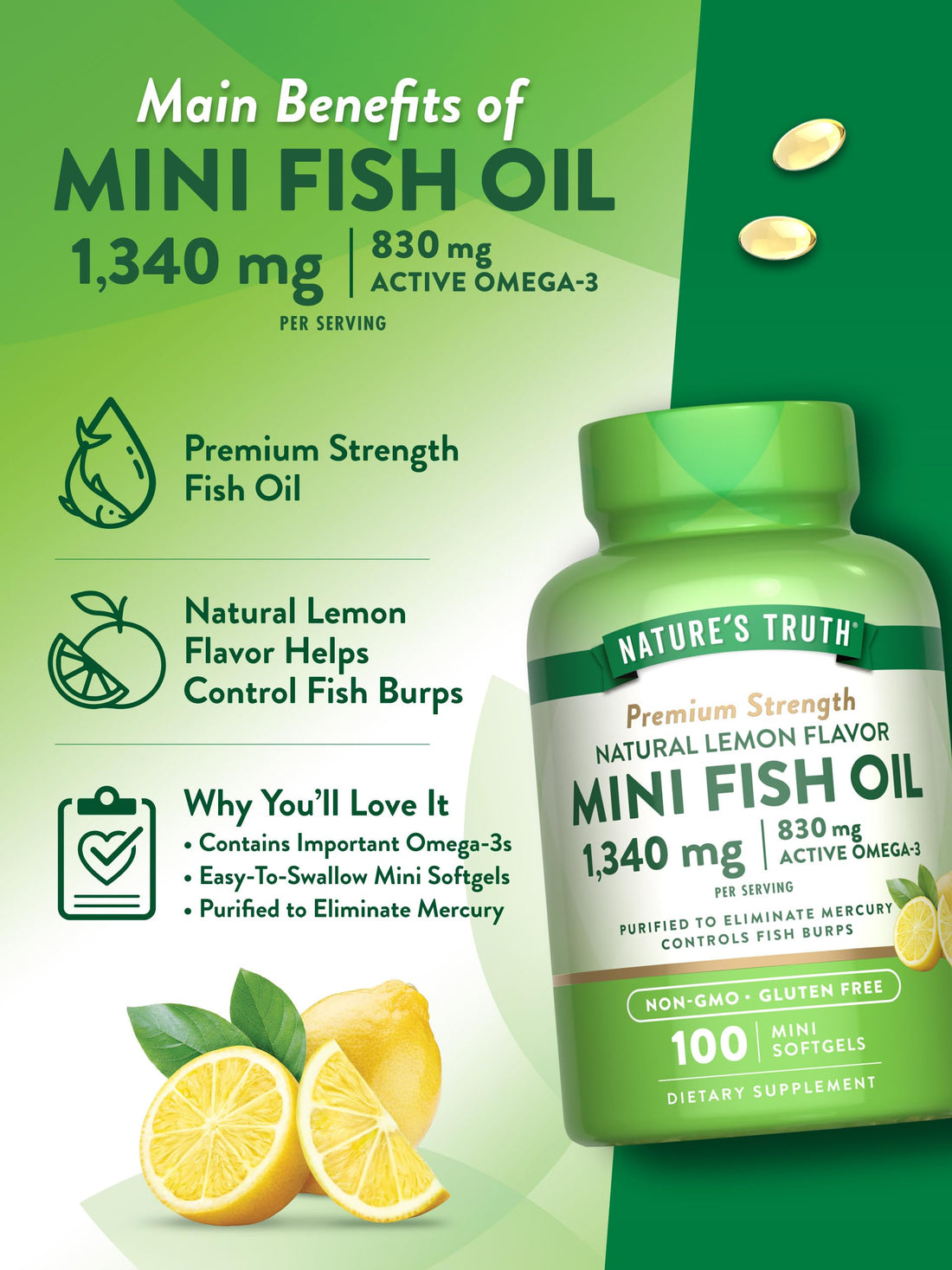 Nature's Truth Mini Fish Oil Omega 3 | 1340 mg | 100 Softgels | Burpless Lemon Flavor | Non-GMO & Gluten Free Supplement